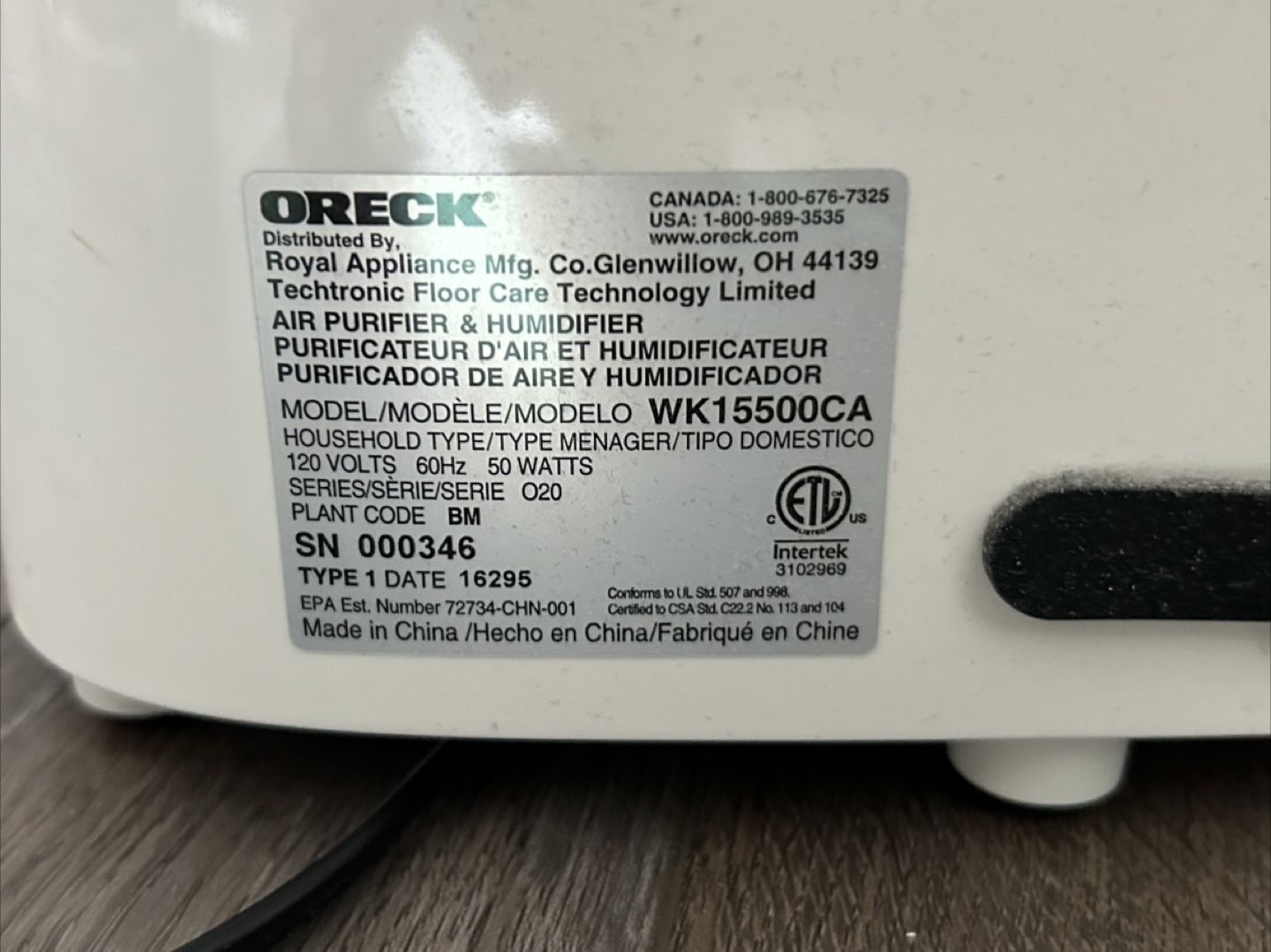Oreck WK1550CA Air Purifier and Humidifier - photo 5