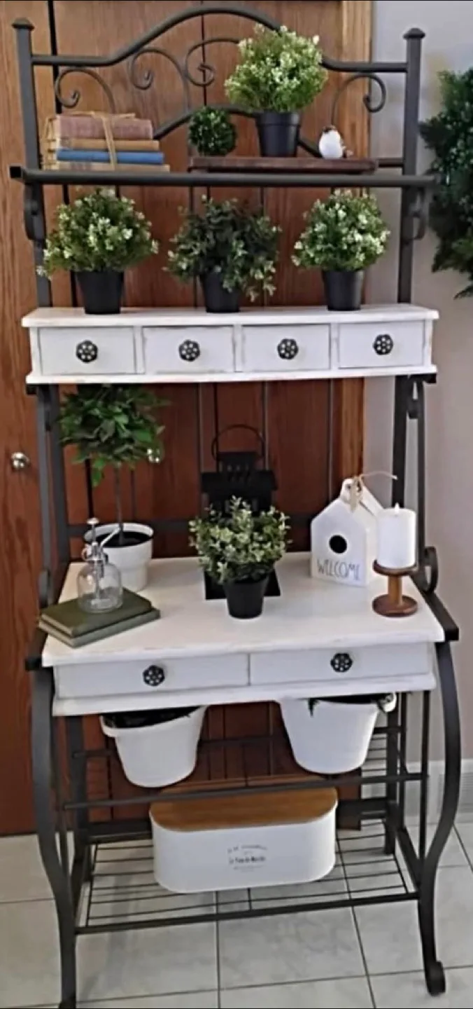 Rustic Bakers Rack with Metal Frame and White Drawers thumbnail