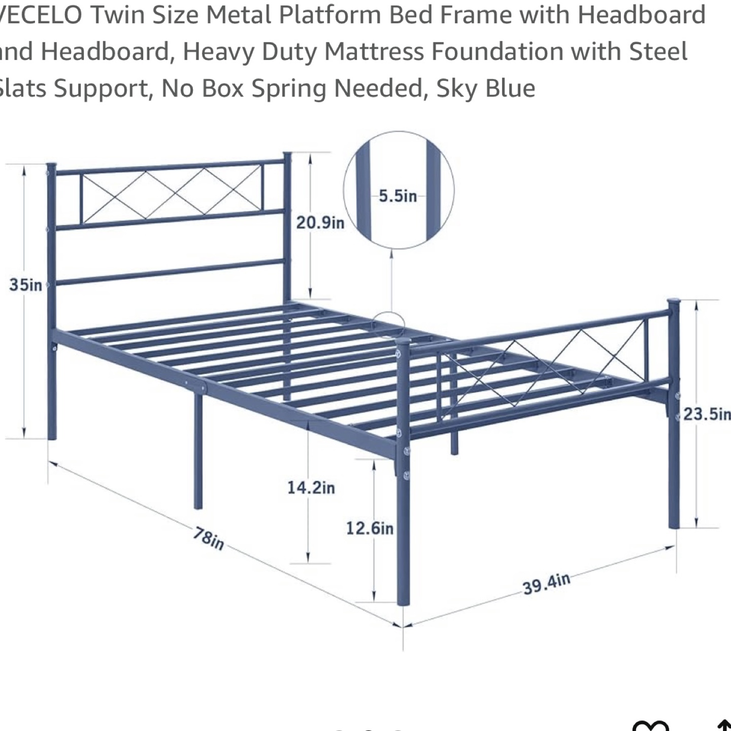 VECELO Twin Size Metal Platform Bed Frame Blue - photo 2