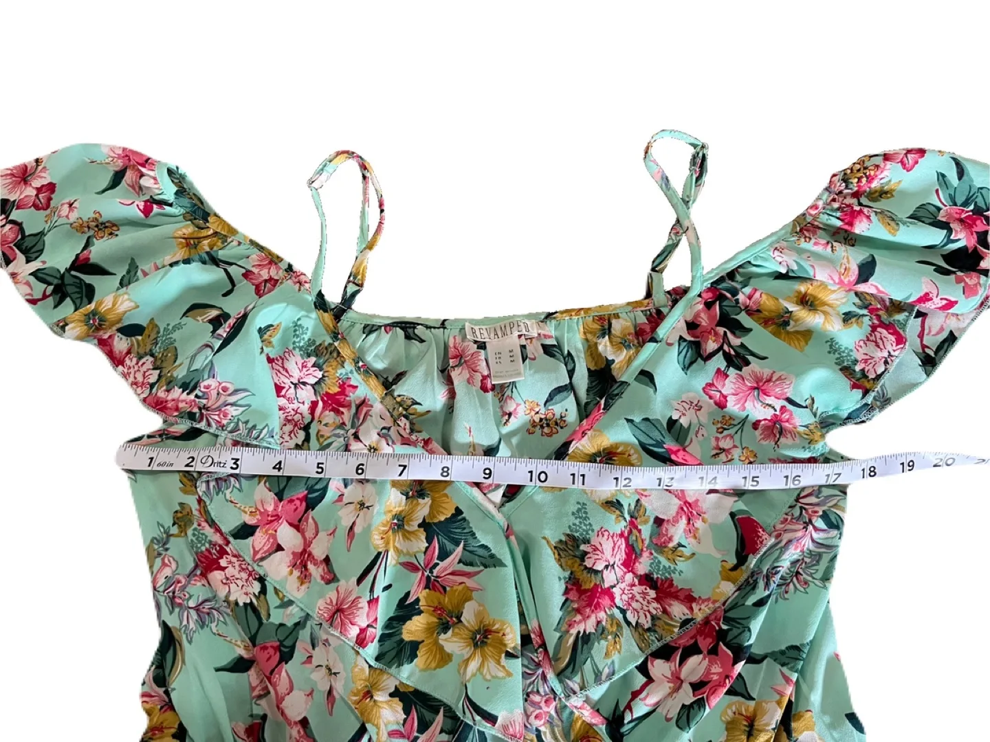 Revamped women’s medium cold shoulder blouse, teal floral ruffle image indicator(4)