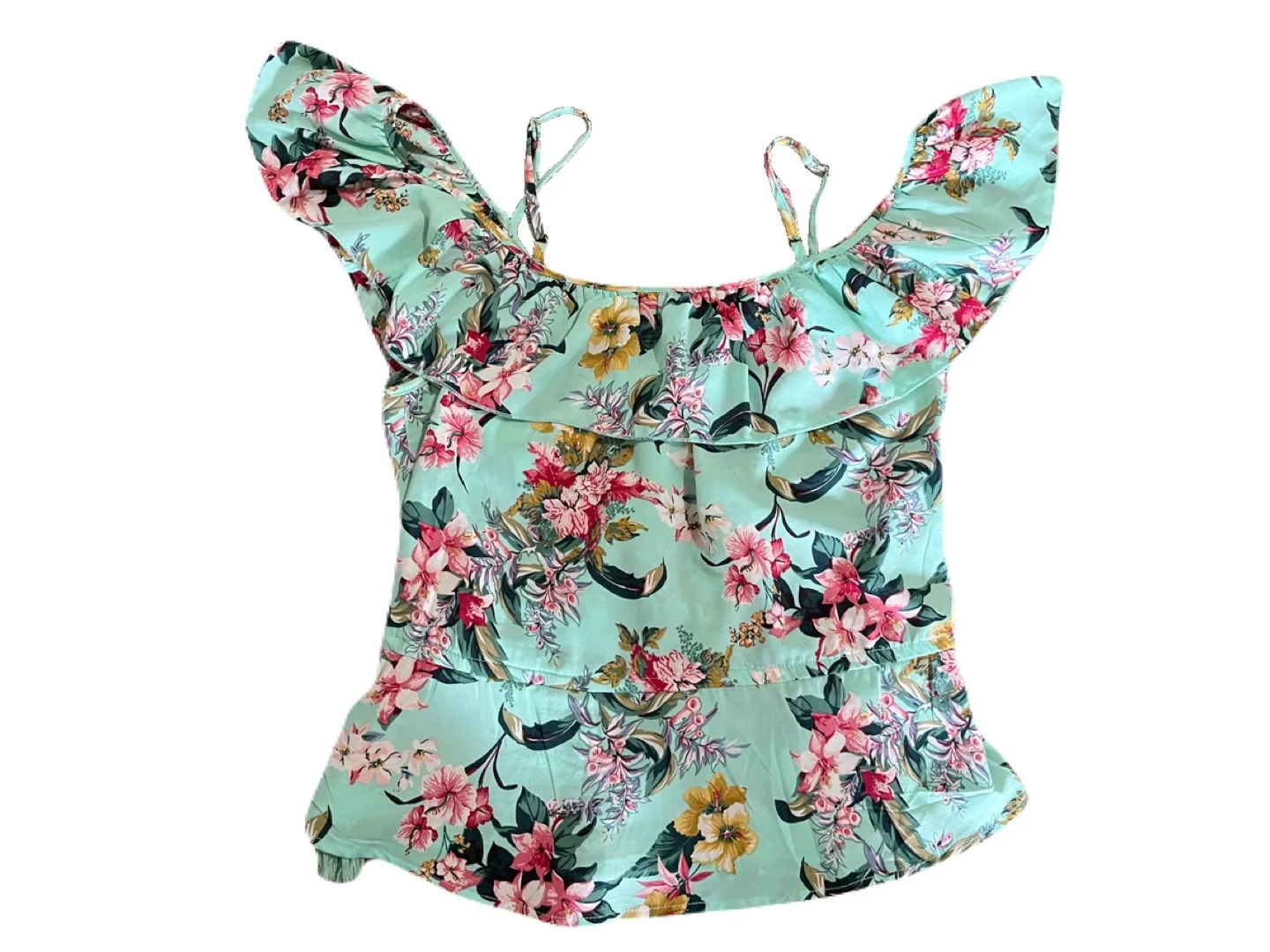 Revamped women’s medium cold shoulder blouse, teal floral ruffle image indicator(5)