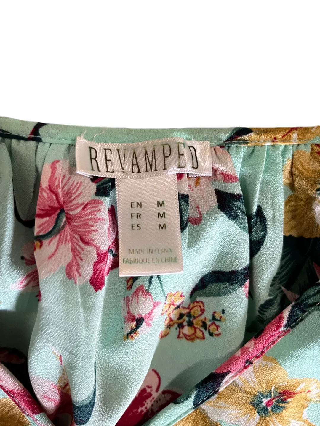 Revamped women’s medium cold shoulder blouse, teal floral ruffle image indicator(2)