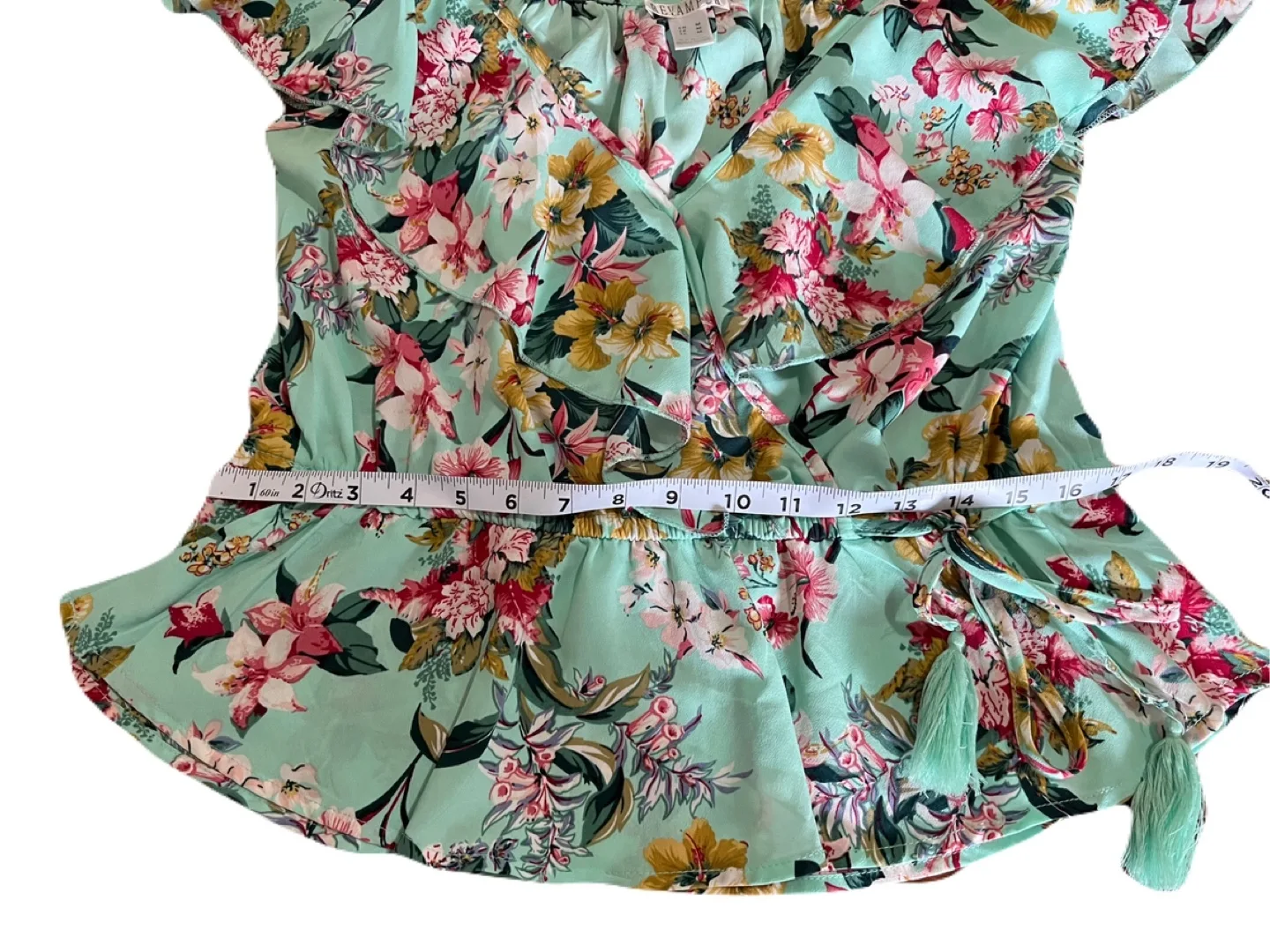 Revamped women’s medium cold shoulder blouse, teal floral ruffle image indicator(3)