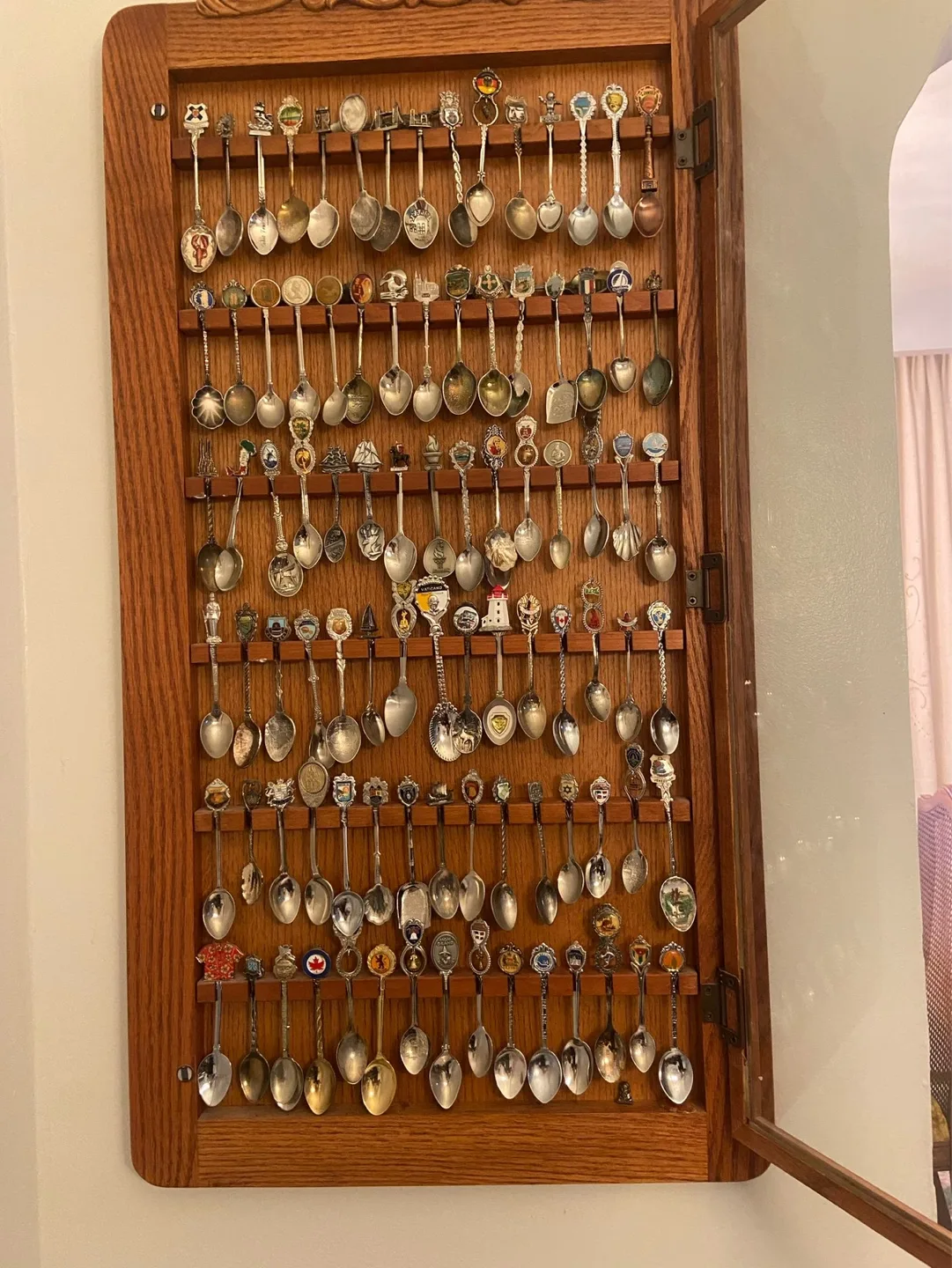 Large Collection of Souvenir Spoons in Wooden Display Case image indicator(2)