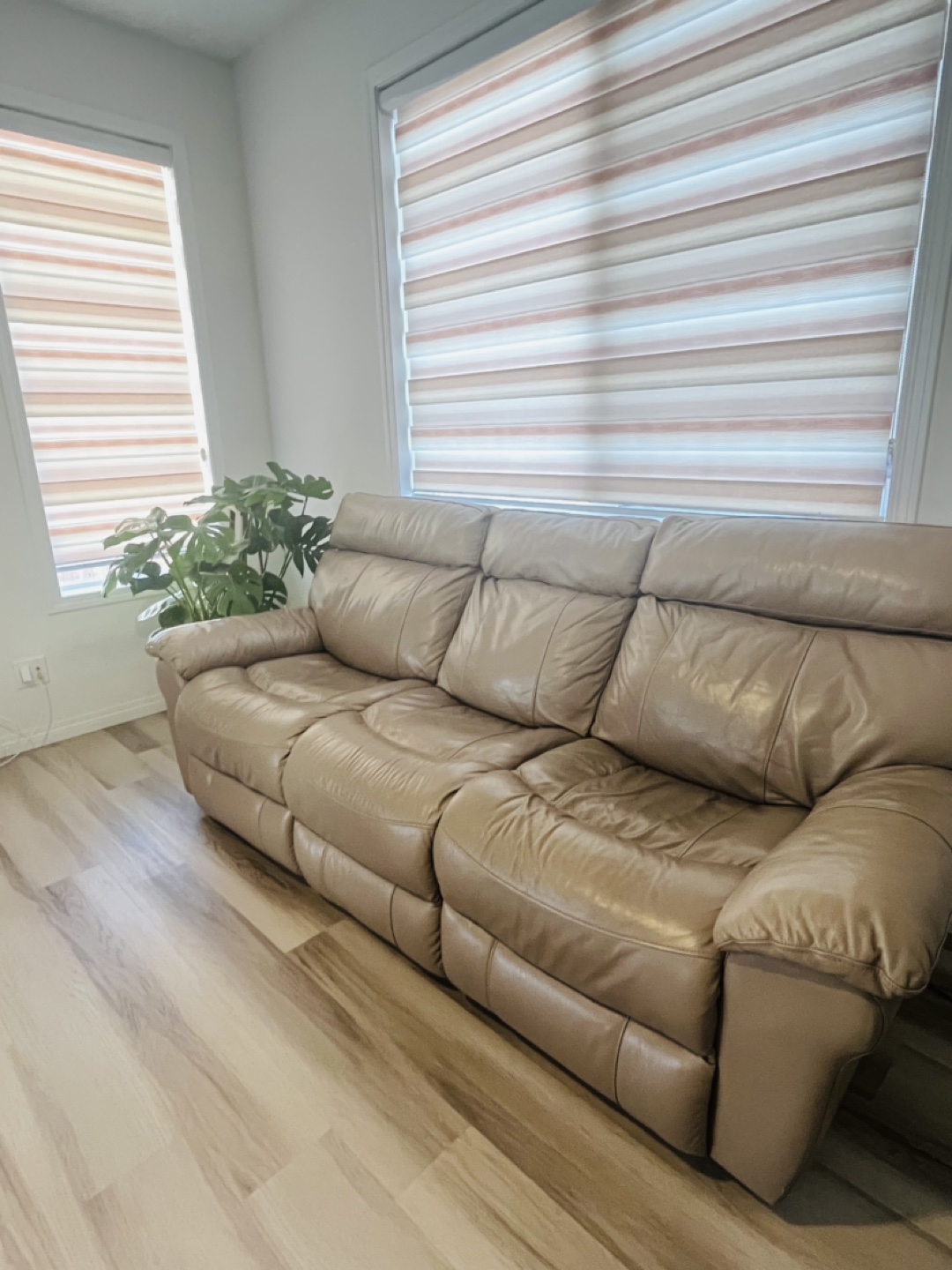 Beige Leather Recliner Set - Sofa, Loveseat, and Chair