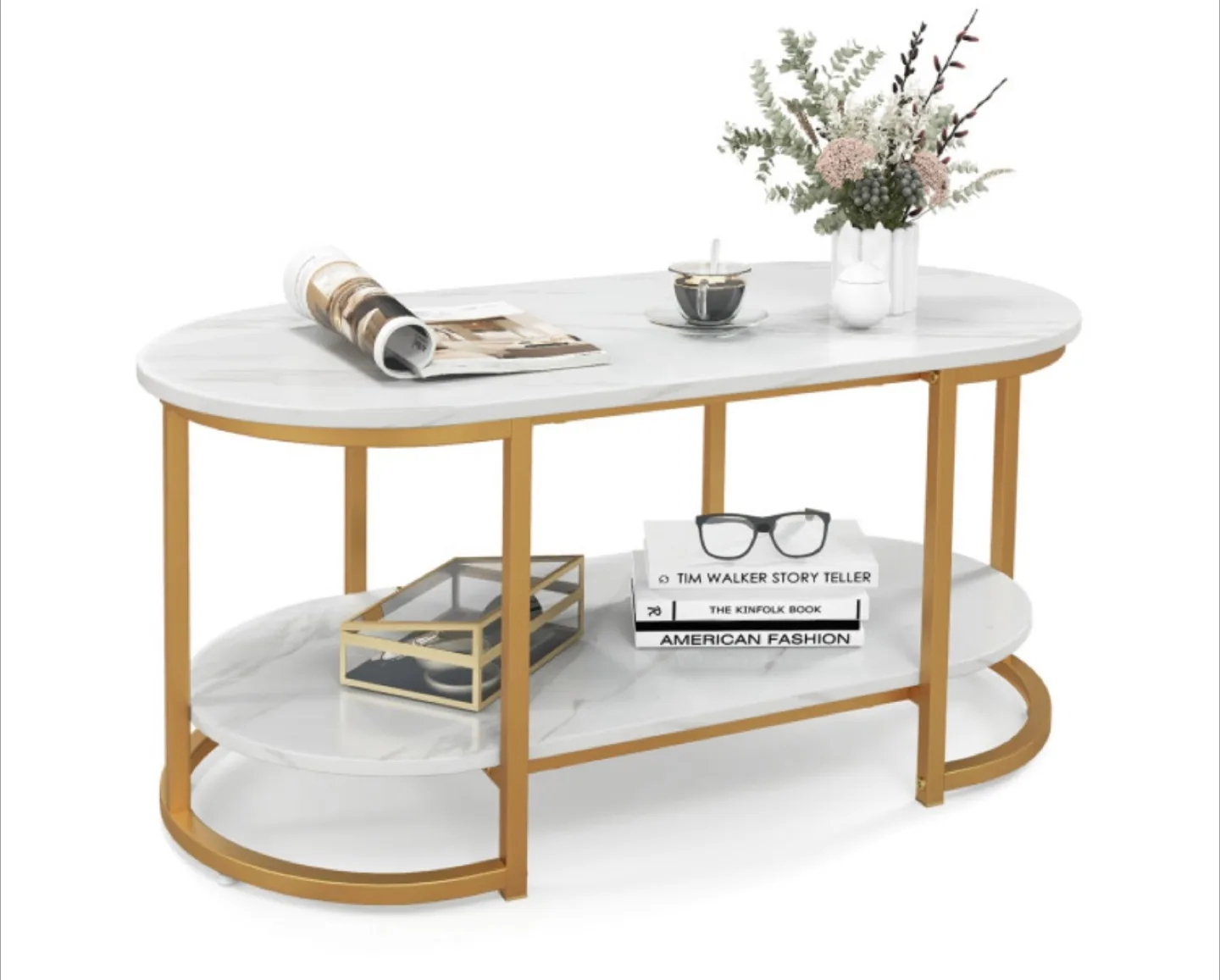 Coffee Table with Gold Metal Frame and Marble Top thumbnail
