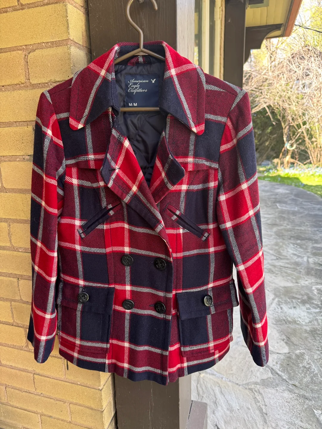 American Eagle Outfitters Red and Navy Plaid Coat - Size M thumbnail