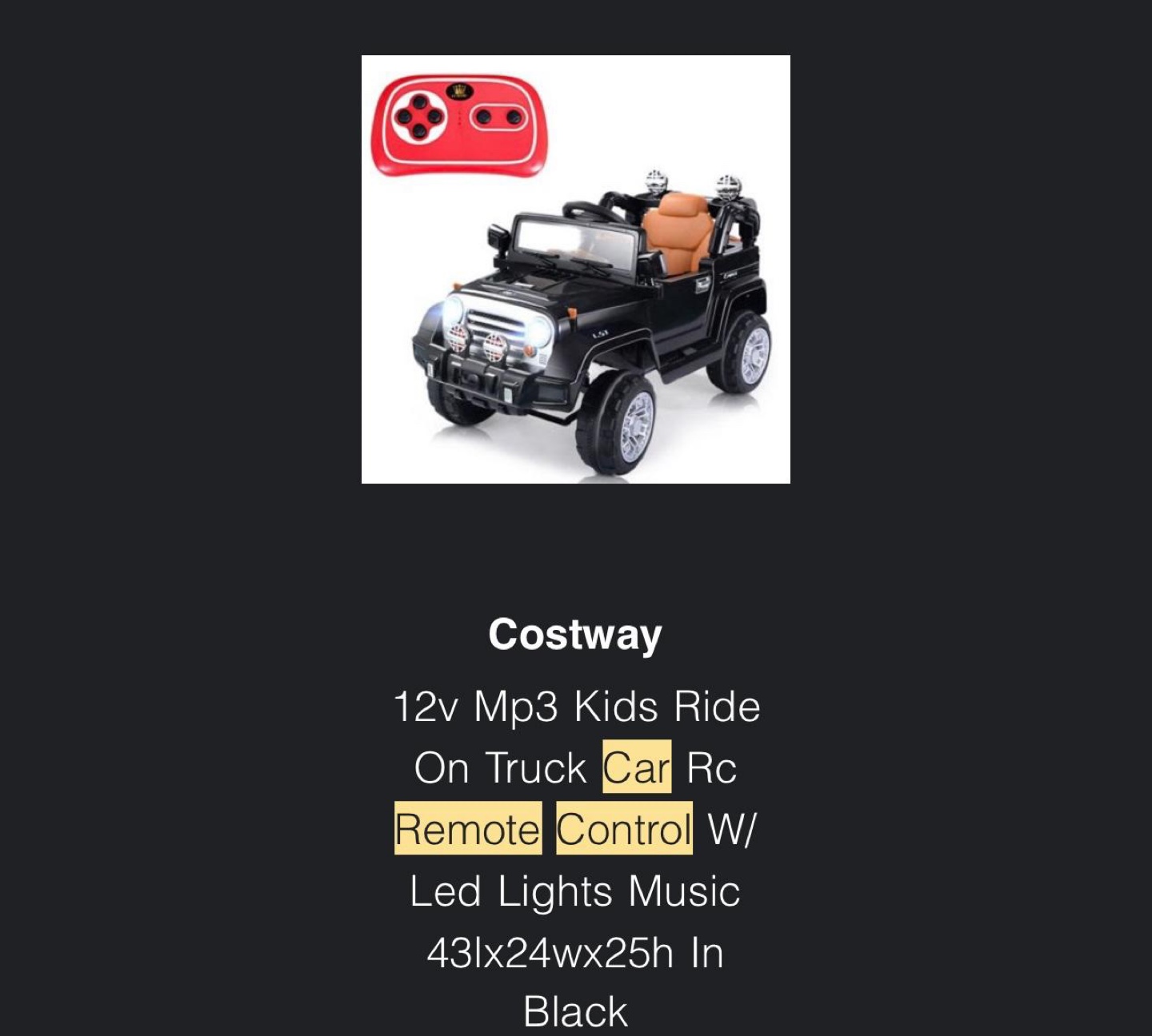 Costway 12V Kids Ride On Truck with Remote Control
