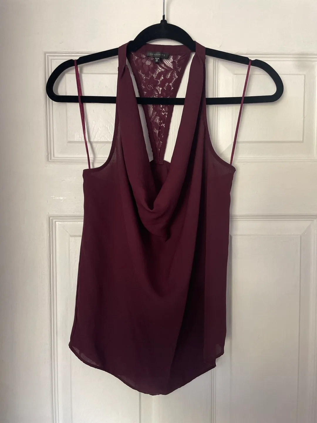 Burgundy Dynamite Lace-Back Cowl Neck Blouse thumbnail