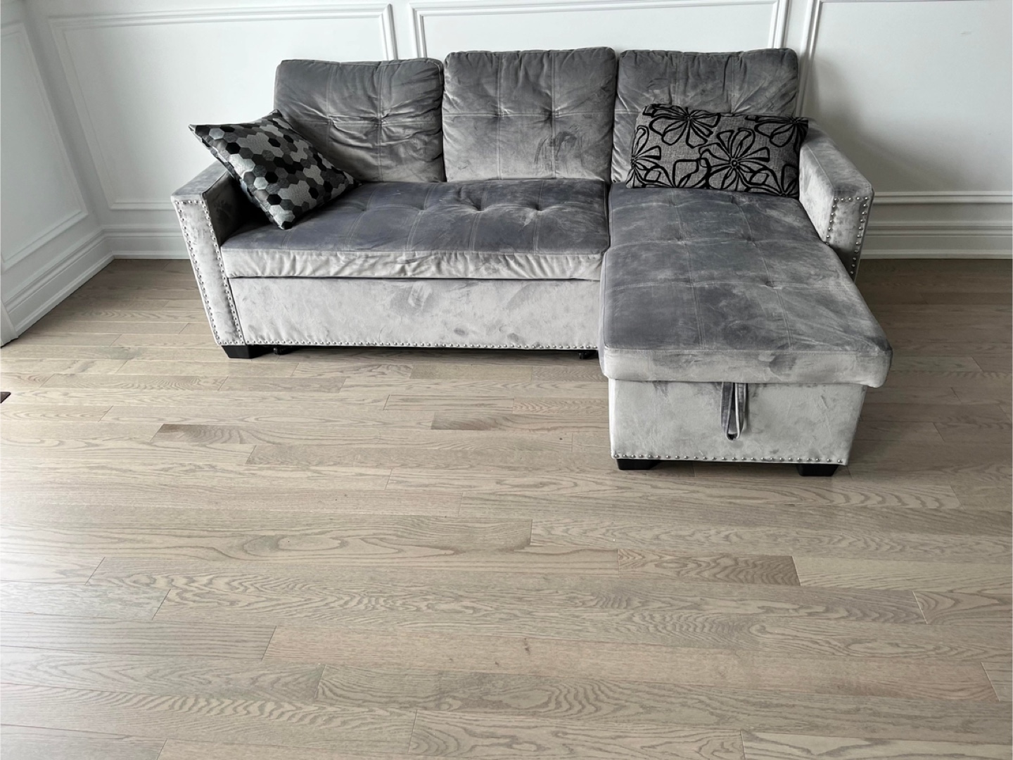 Grey Velvet Sectional Sofa bed with Storage Ottoman