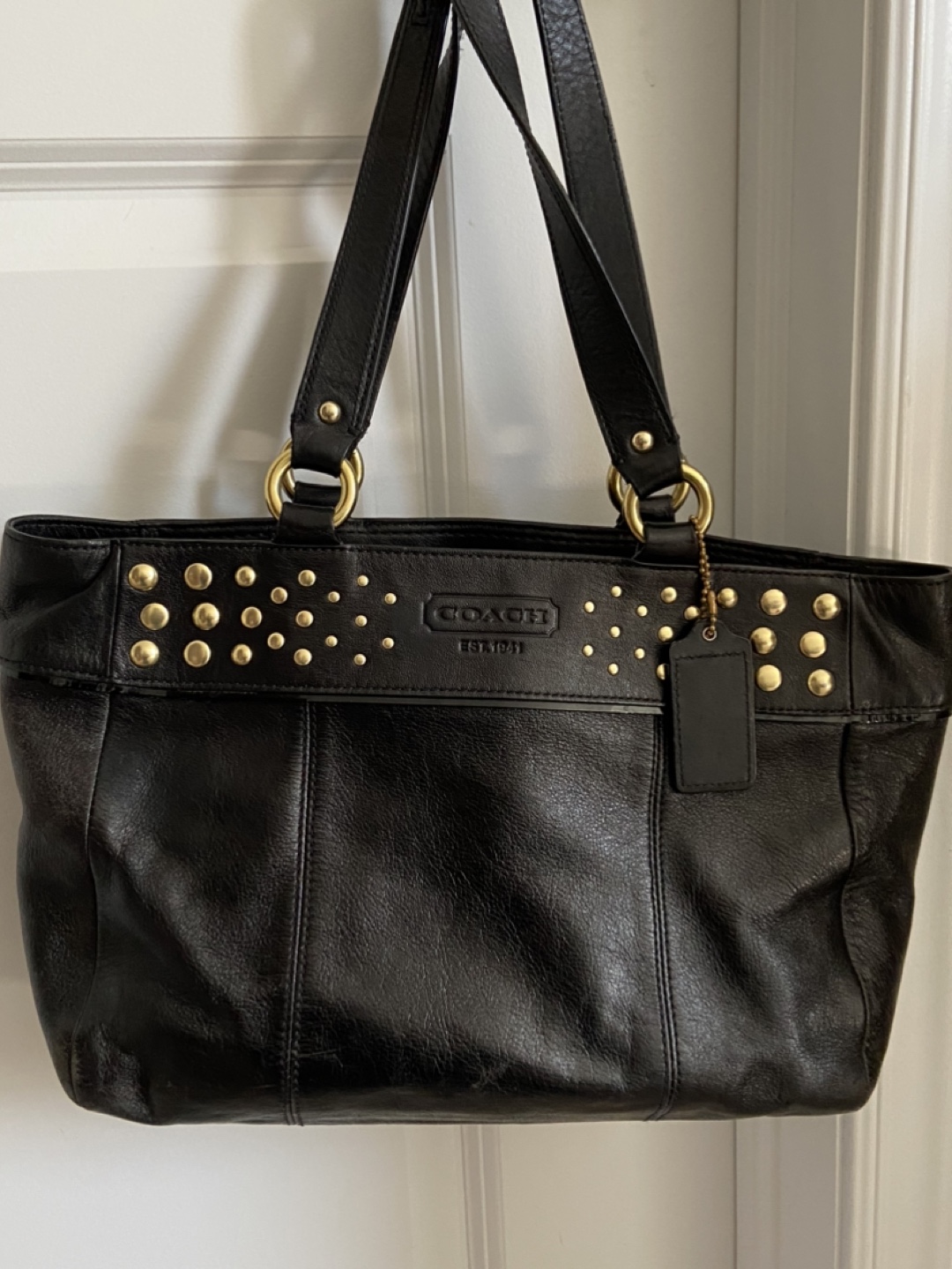 Coach Black Leather Tote Bag with Gold Studs