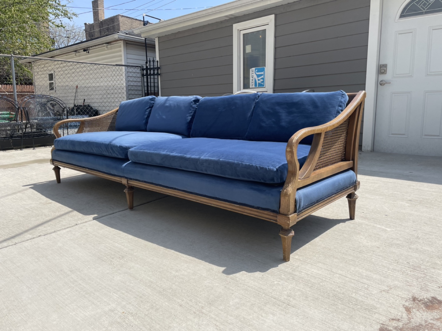 Vintage French Provincial Style Sofa with Blue Velvet