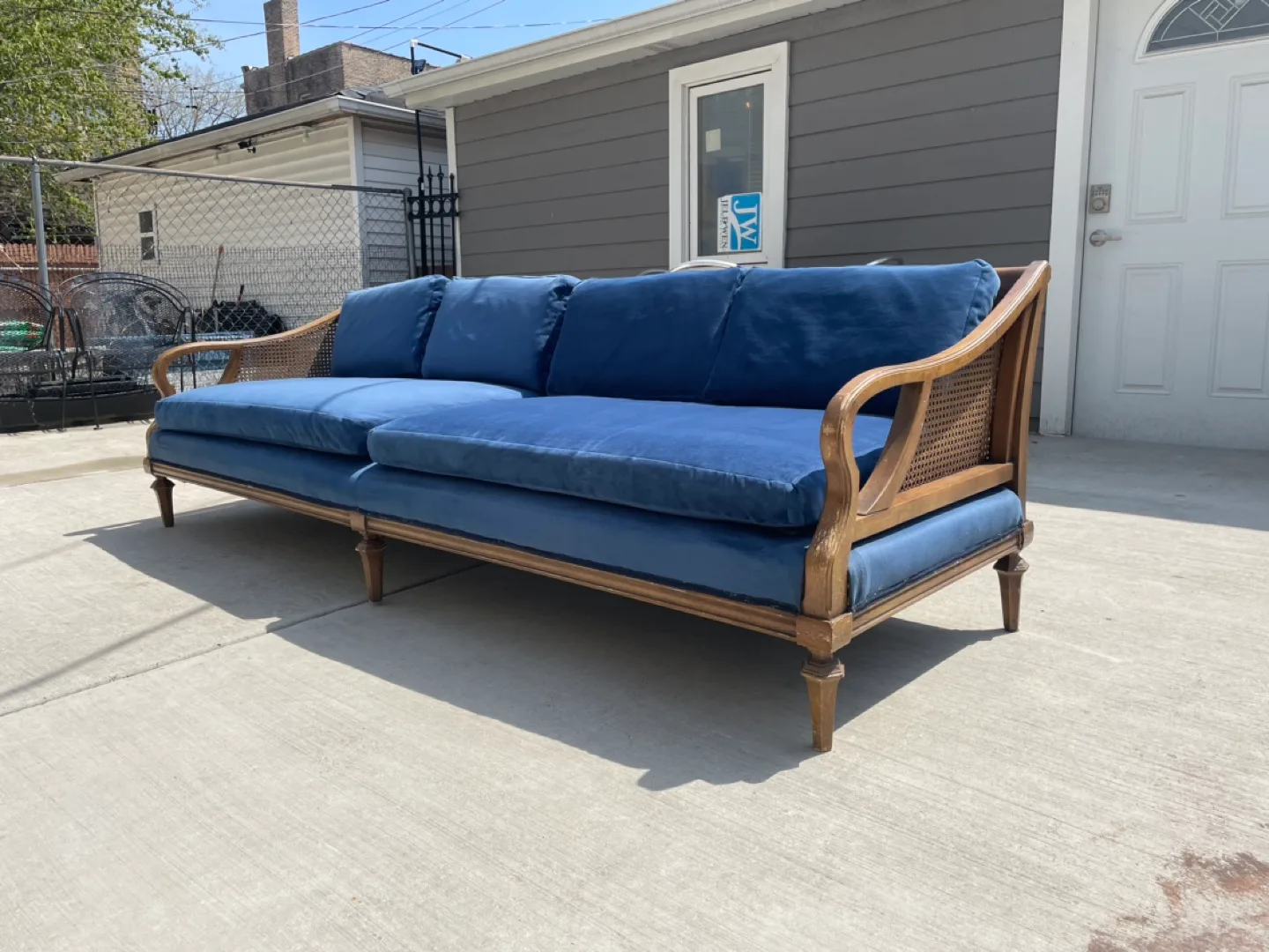 Vintage French Provincial Style Sofa with Blue Velvet thumbnail