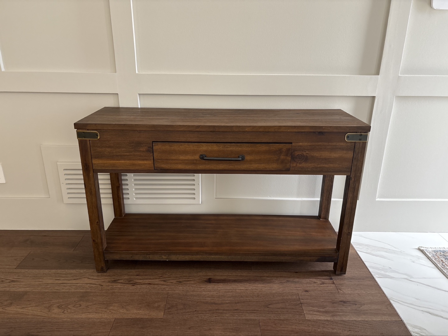 Dark Brown Wooden Console Table with Drawer and Shelf