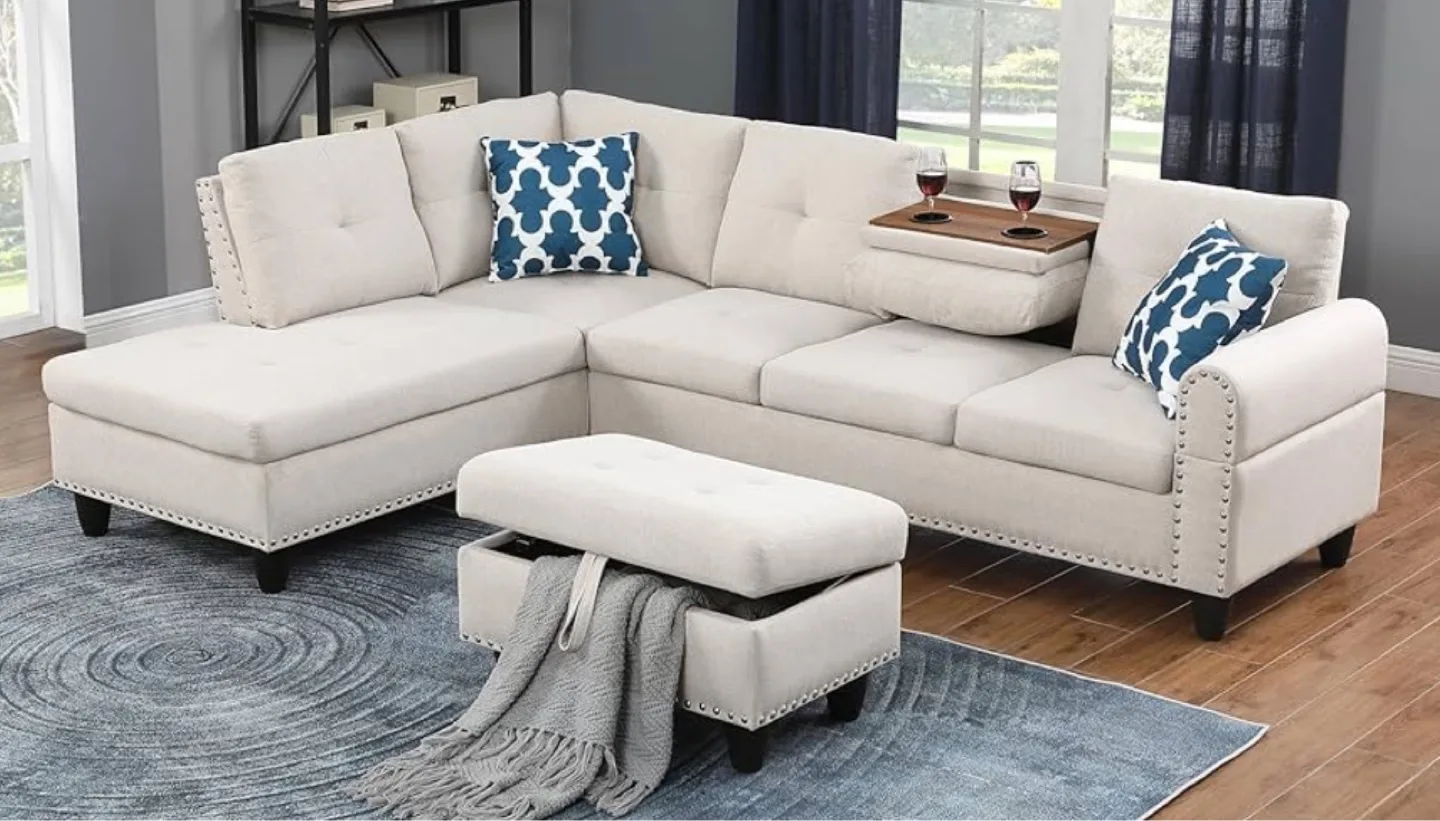 Beige Sectional Sofa with Ottoman