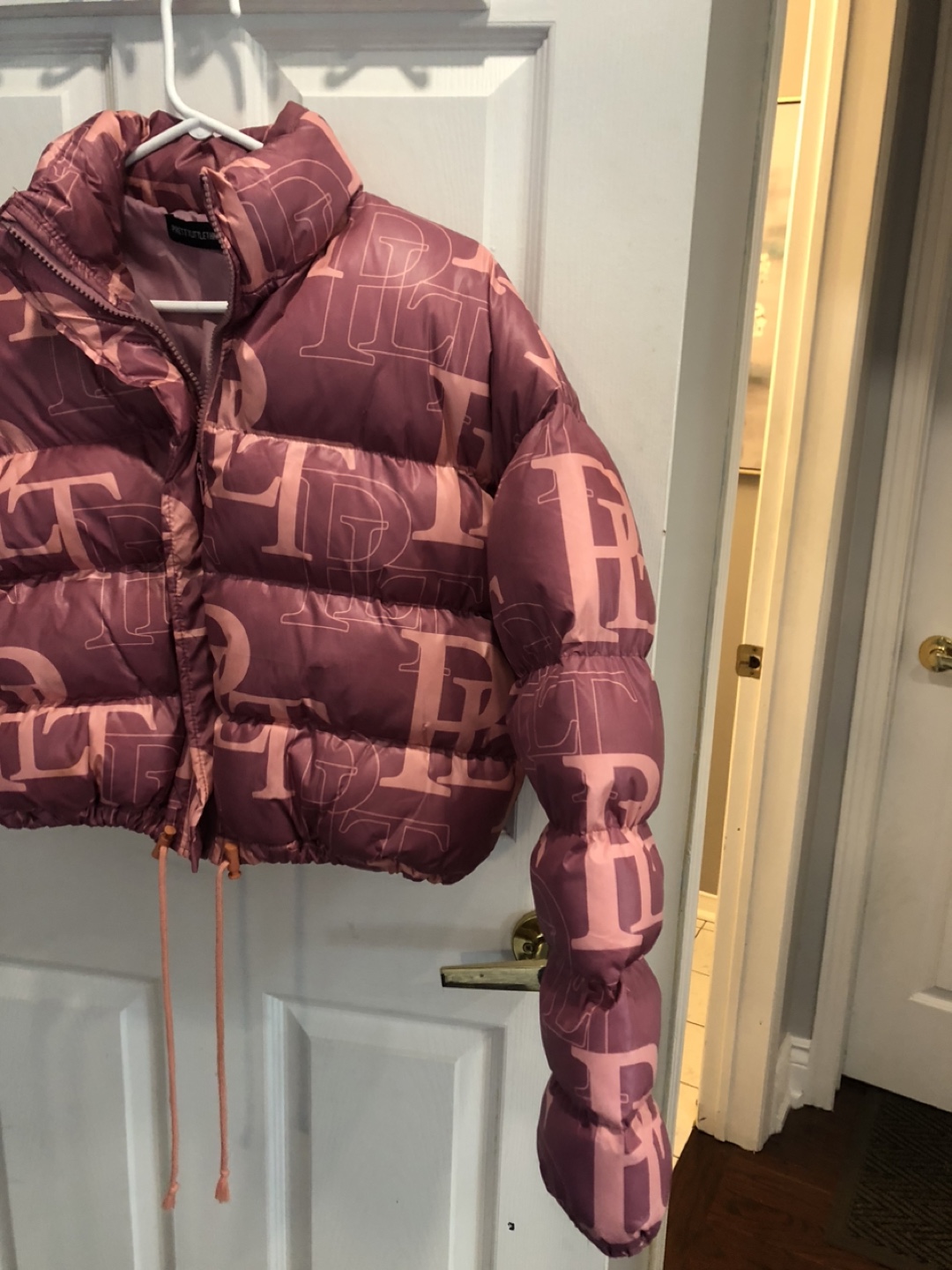 PrettyLittleThing Pink Monogram Puffer Jacket - Size 8