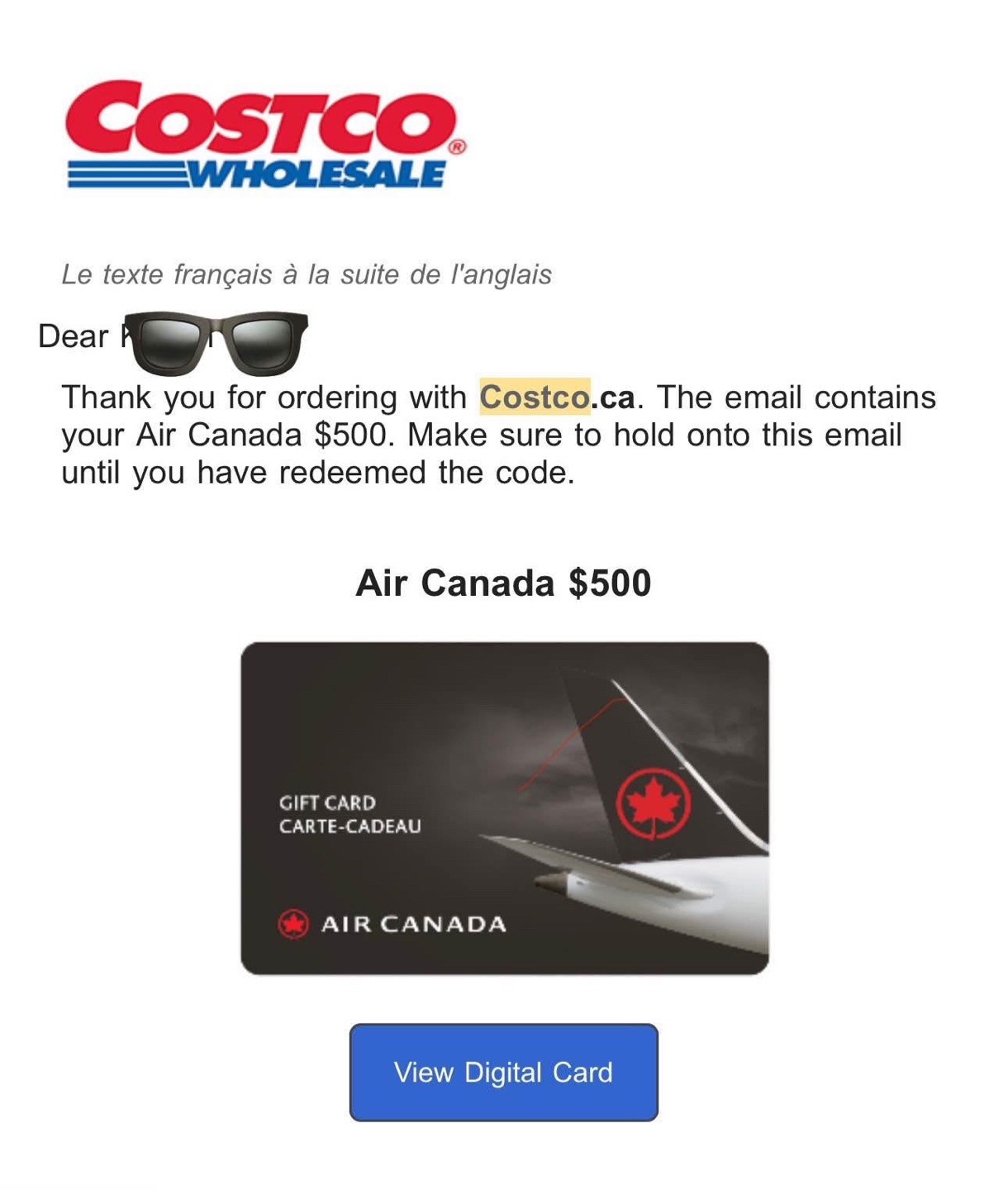Air Canada $500 Gift Card