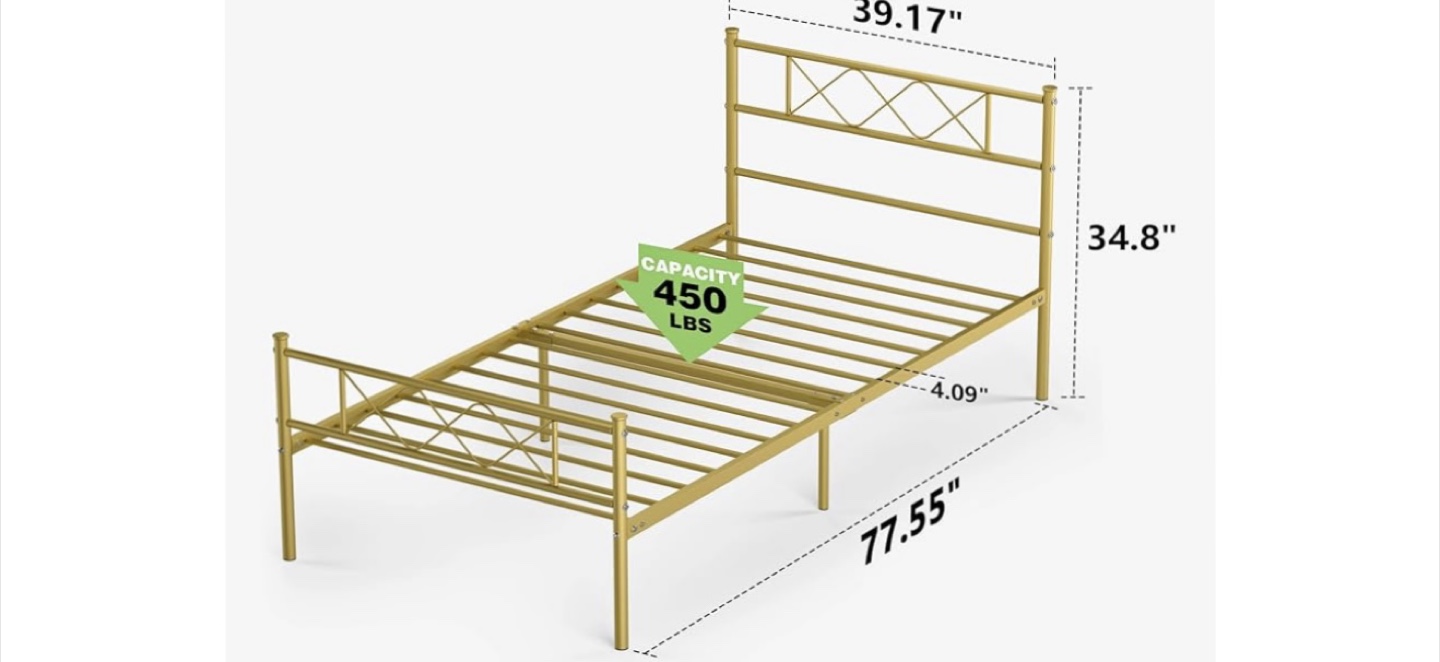 Gold Metal Twin Bed Frame with Under Bed Storage - photo 2