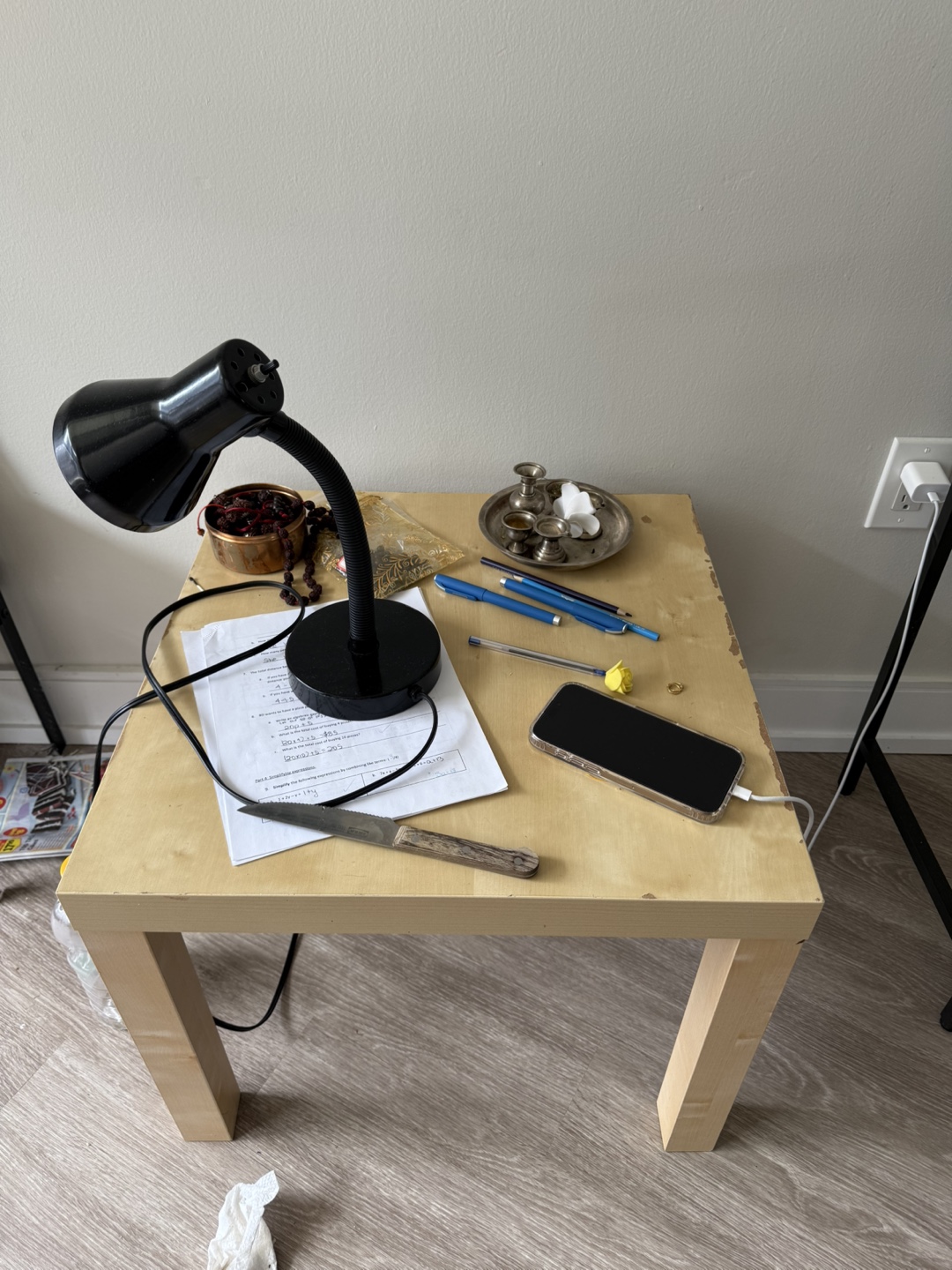 Black Desk Lamp & Small Wooden Table