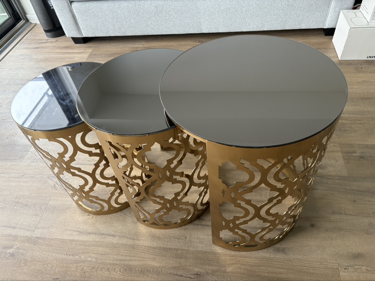 Gold Metal and Glass Nest of Coffee table