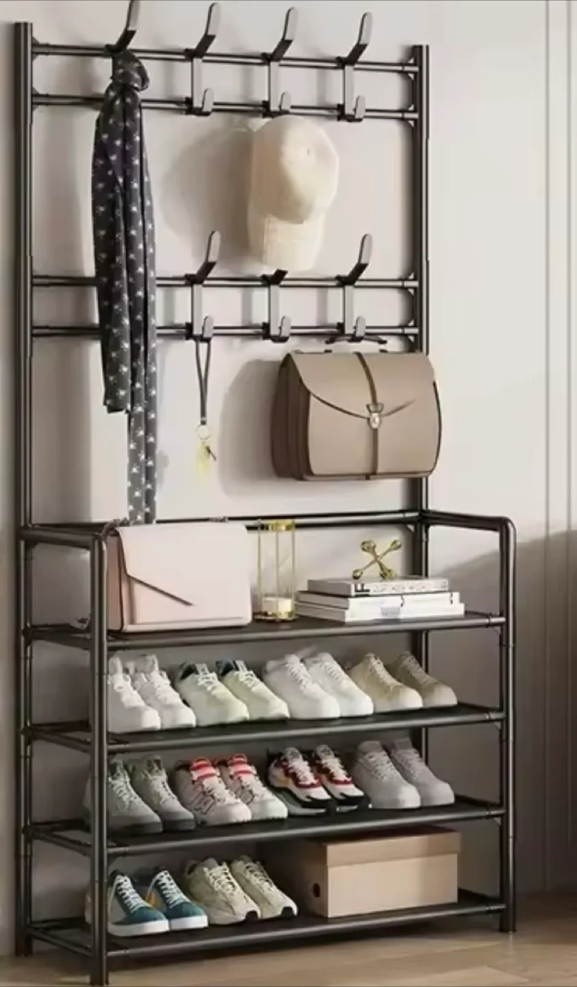 Coat and Shoe Rack Entryway 3-in-1 Metal Hall Tree with 4 Tiers thumbnail