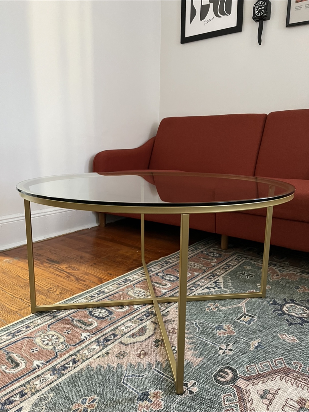 Gold Metal and Glass Round Coffee Table