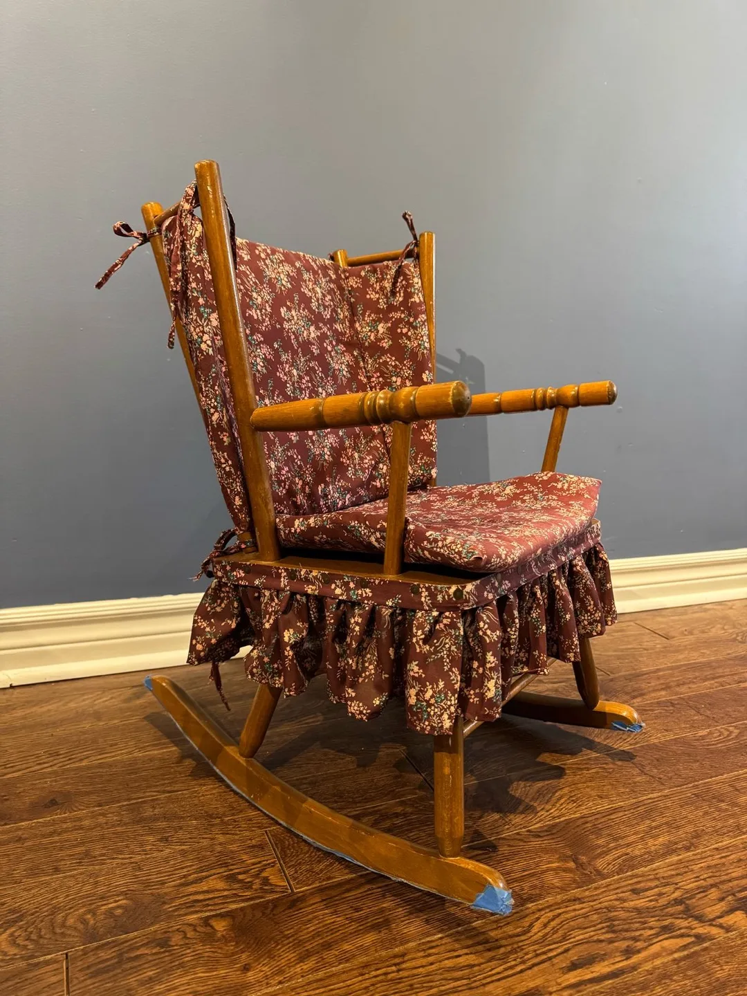 Vintage Child's Wooden Rocking Chair with Floral Cushion image indicator(2)