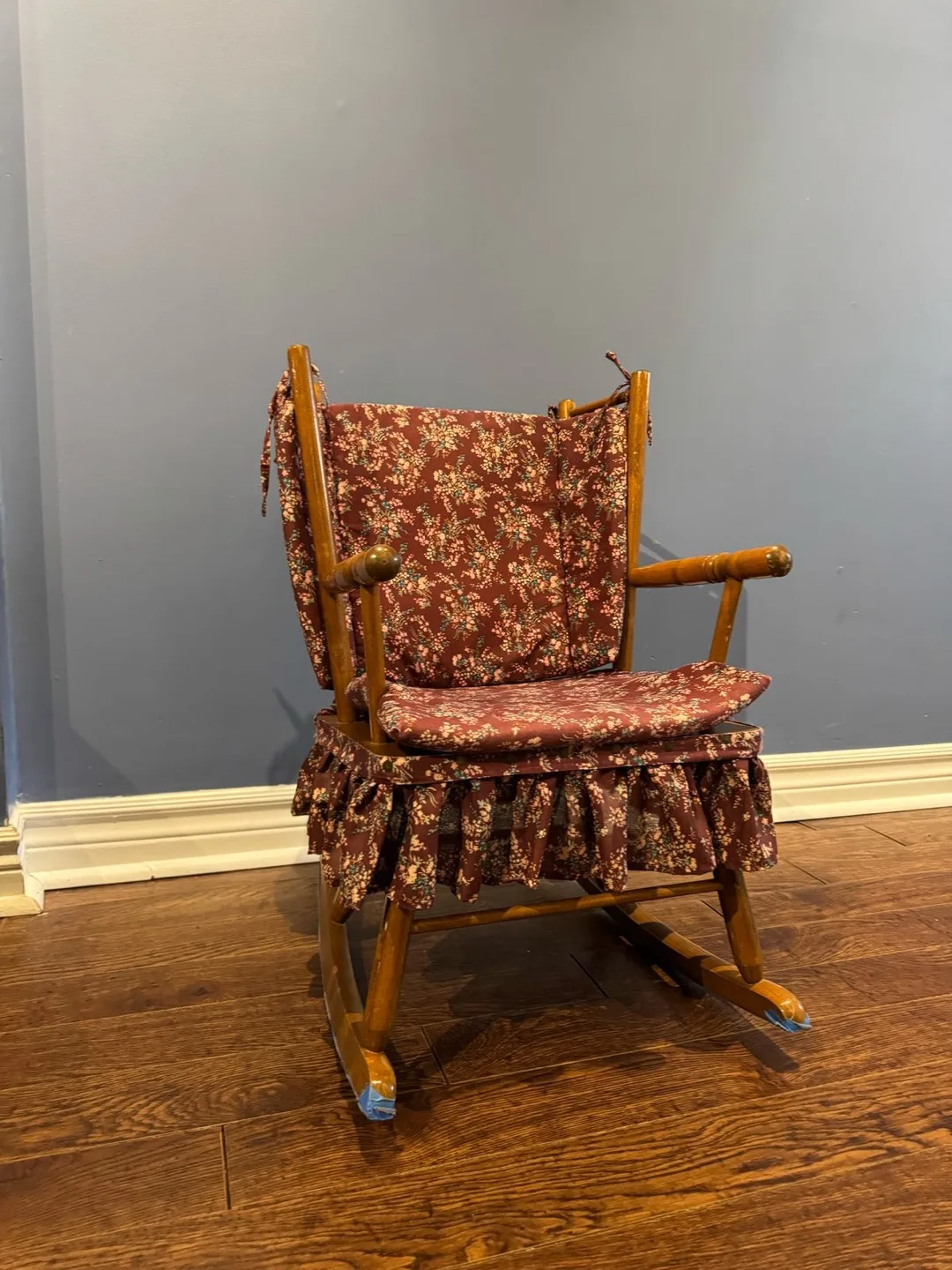 Vintage Child's Wooden Rocking Chair with Floral Cushion thumbnail
