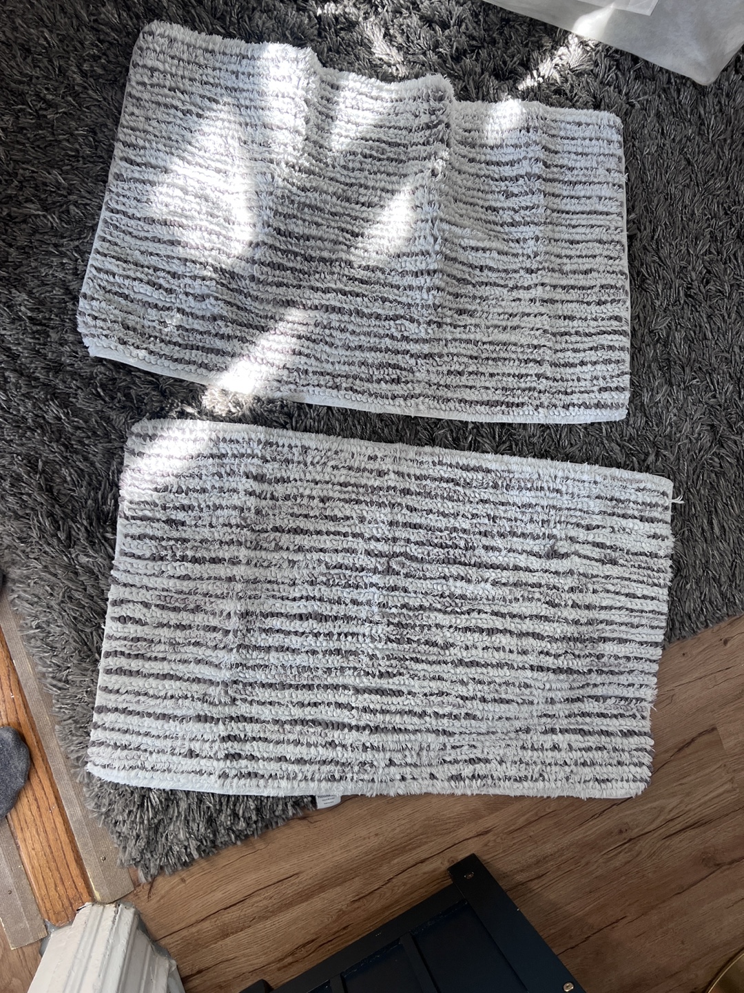 Two Bath Mats, Gray and White, Striped Texture