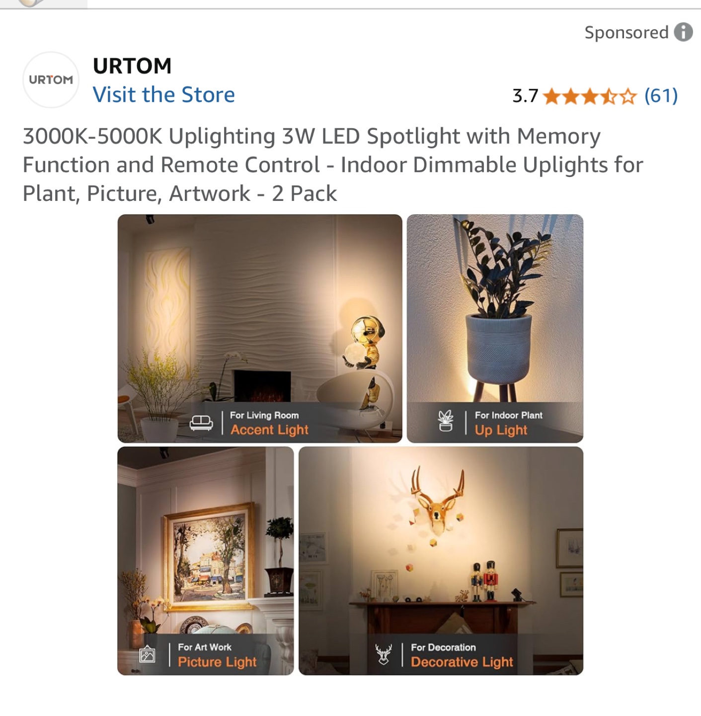 URTOM 2-Pack 3W LED Dimmable Uplights with Remote - photo 4