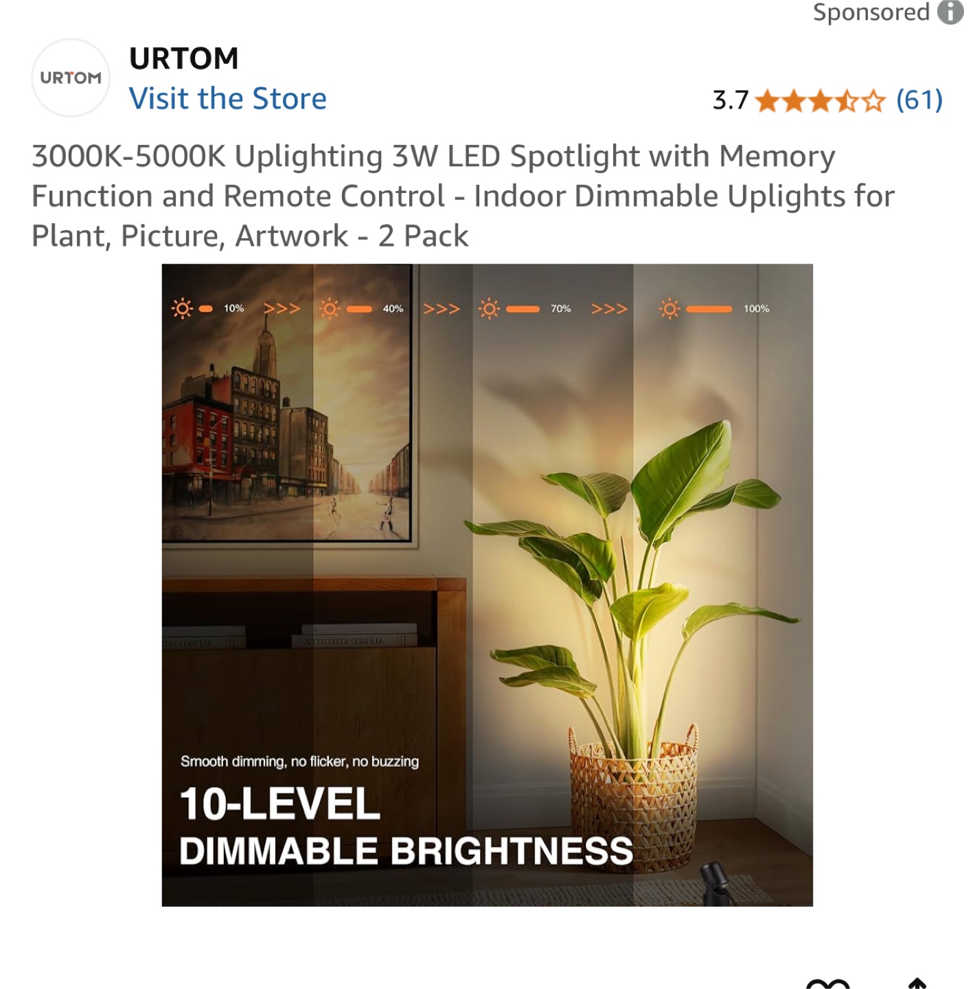 URTOM 2-Pack 3W LED Dimmable Uplights with Remote - photo 5