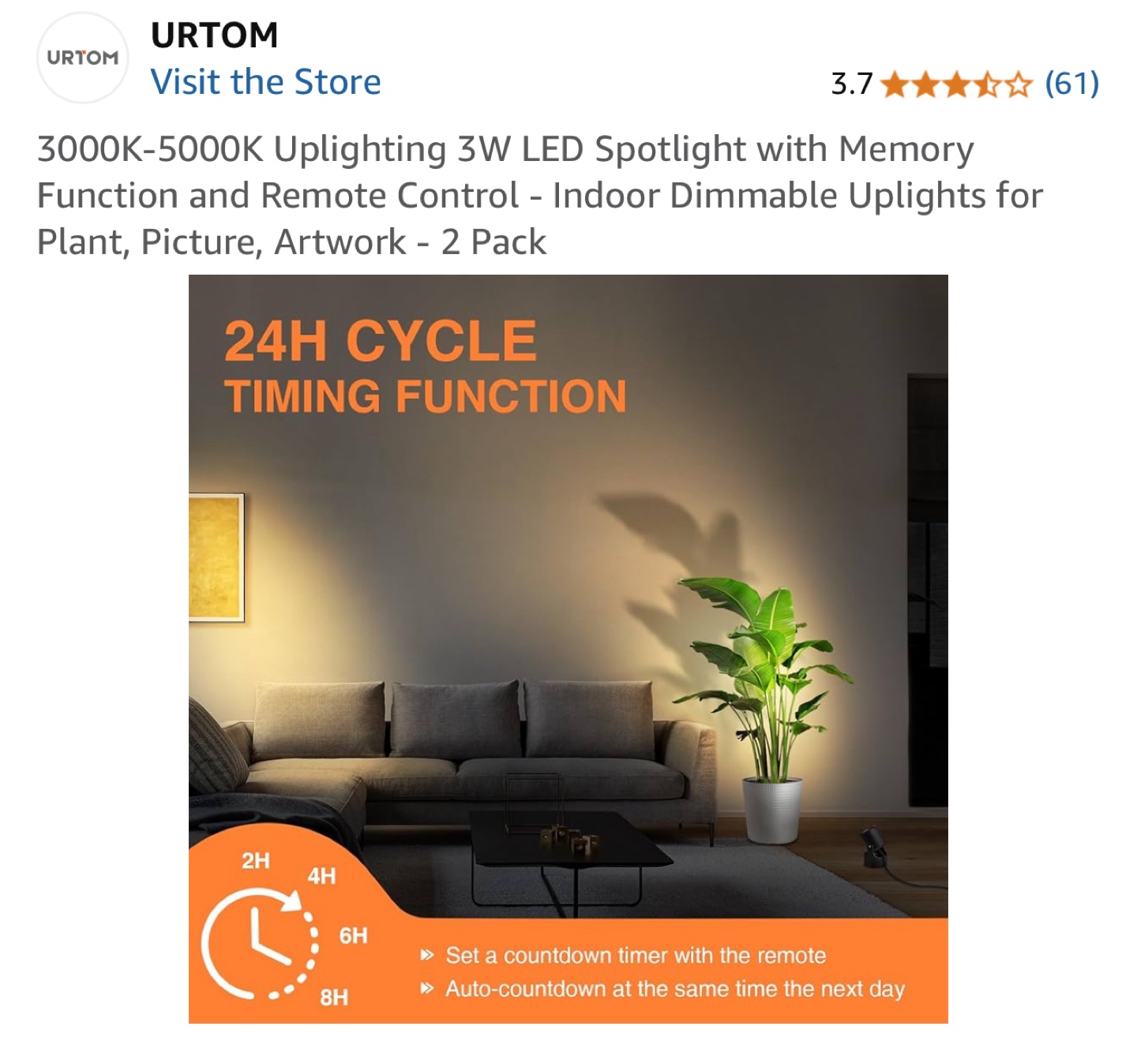 URTOM 2-Pack 3W LED Dimmable Uplights with Remote - photo 3