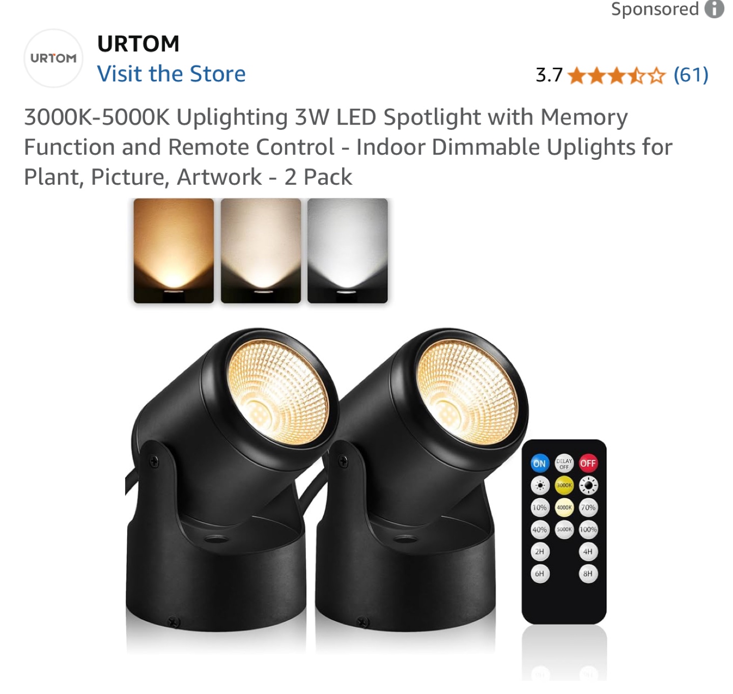 URTOM 2-Pack 3W LED Dimmable Uplights with Remote
