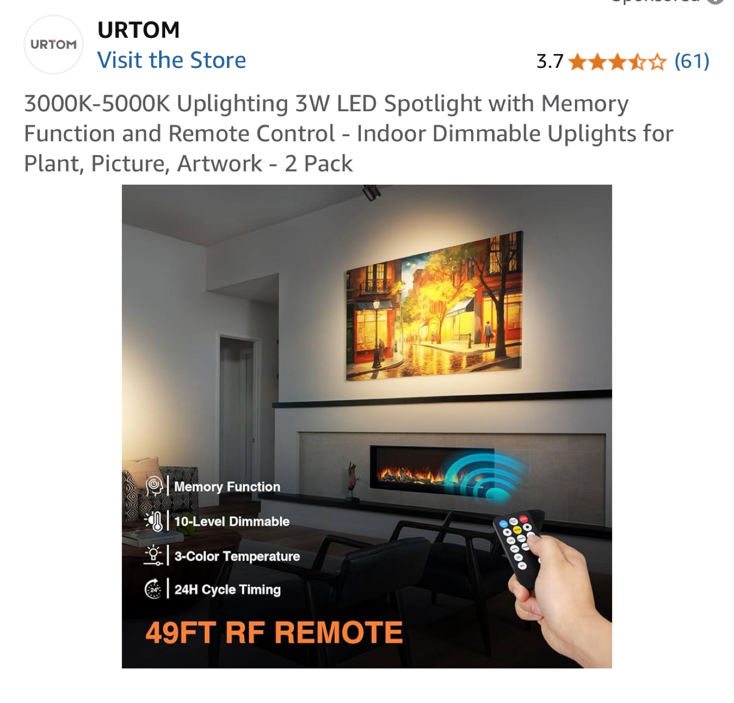 URTOM 2-Pack 3W LED Dimmable Uplights with Remote - photo 2