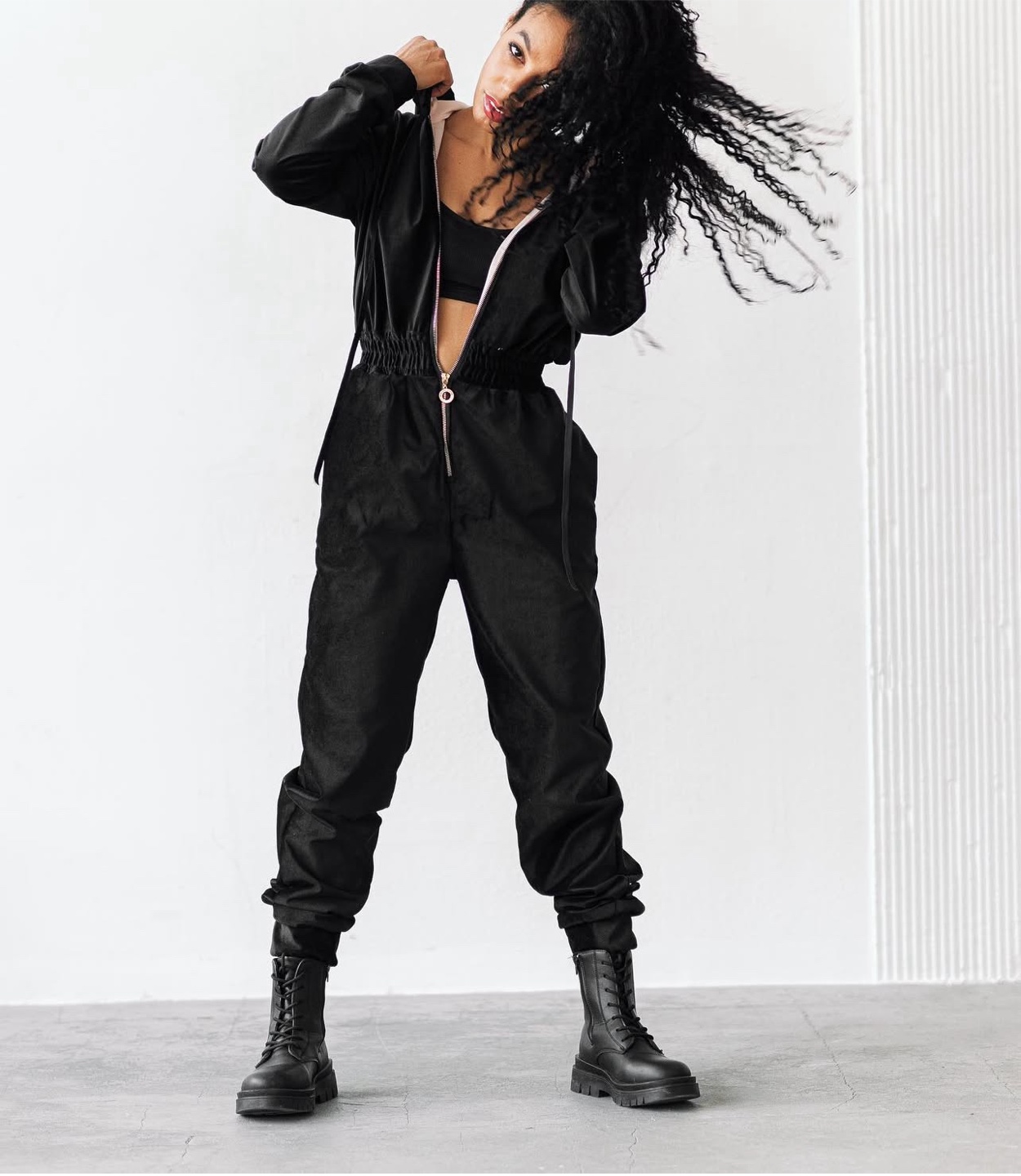Black Velvet Hooded Jumpsuit
