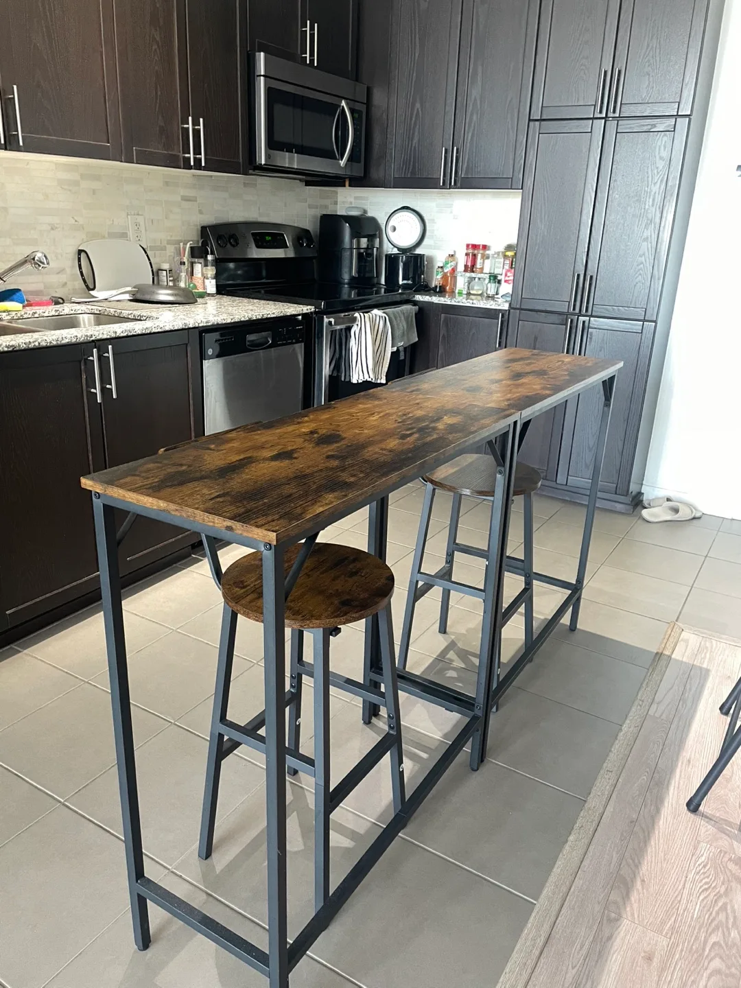 Beautiful Rustic Brown Bar Table with Two Chairs – Gently Used! thumbnail