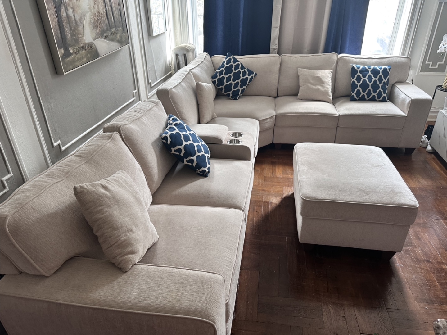 Beige Sectional Sofa with Ottoman