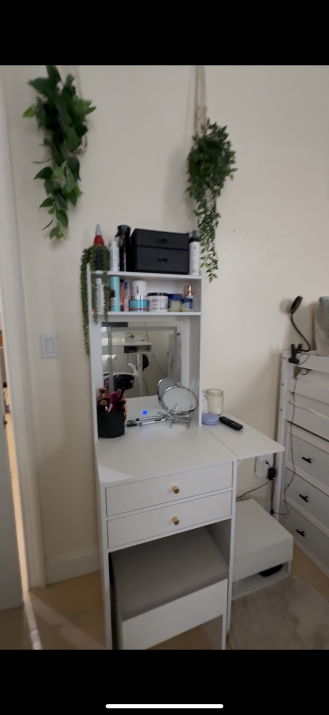 White Fold-Up Vanity Set with Mirror and Stool