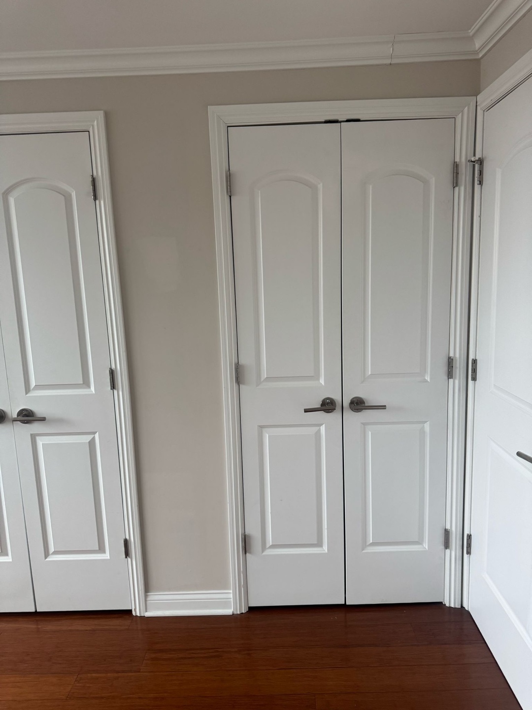 White Double Closet Doors with Brushed Nickel Hardware - photo 2