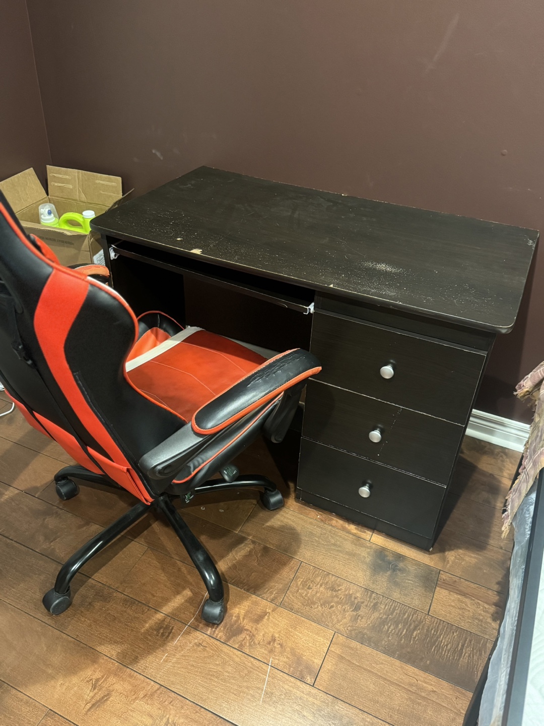 Dark brown computer desk and Gaming chair