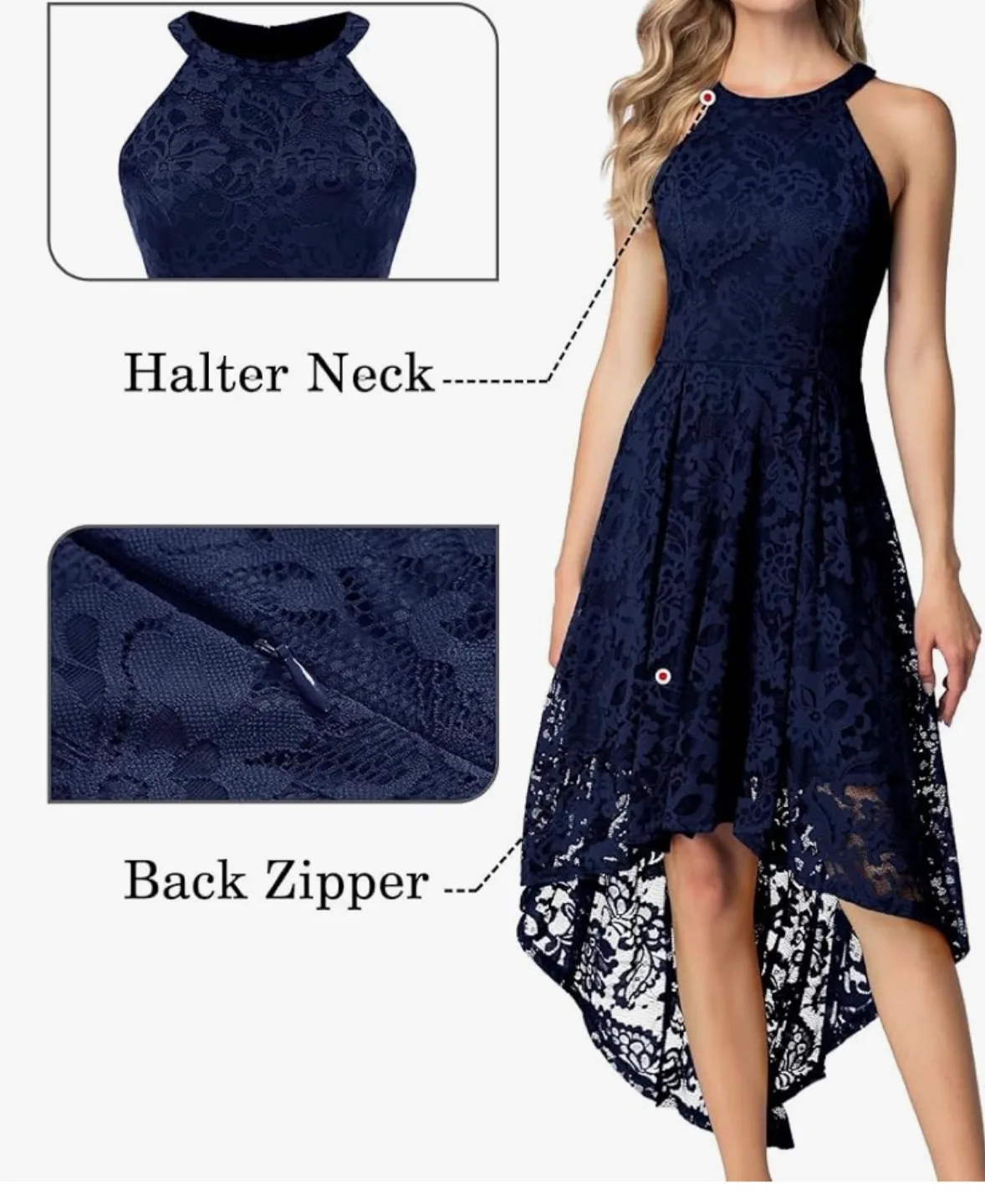 Navy Blue Lace High-Low Halter Dress image indicator(4)