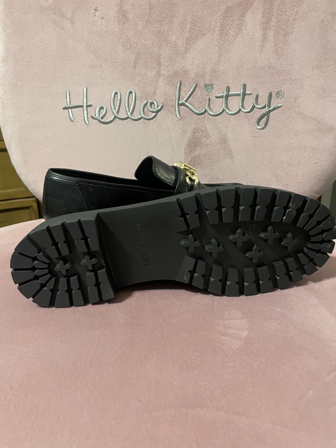 Michael Kors Black Leather Loafers with Gold Chain Detail - photo 2