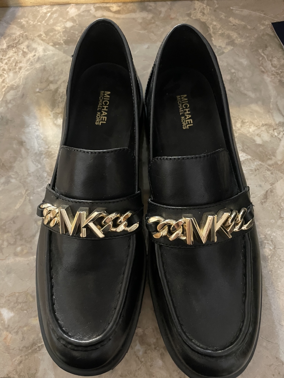 Michael Kors Black Leather Loafers with Gold Chain Detail