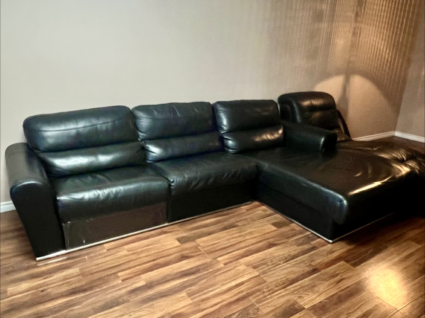 Black Leather Sectional Sofa with chaise and massager