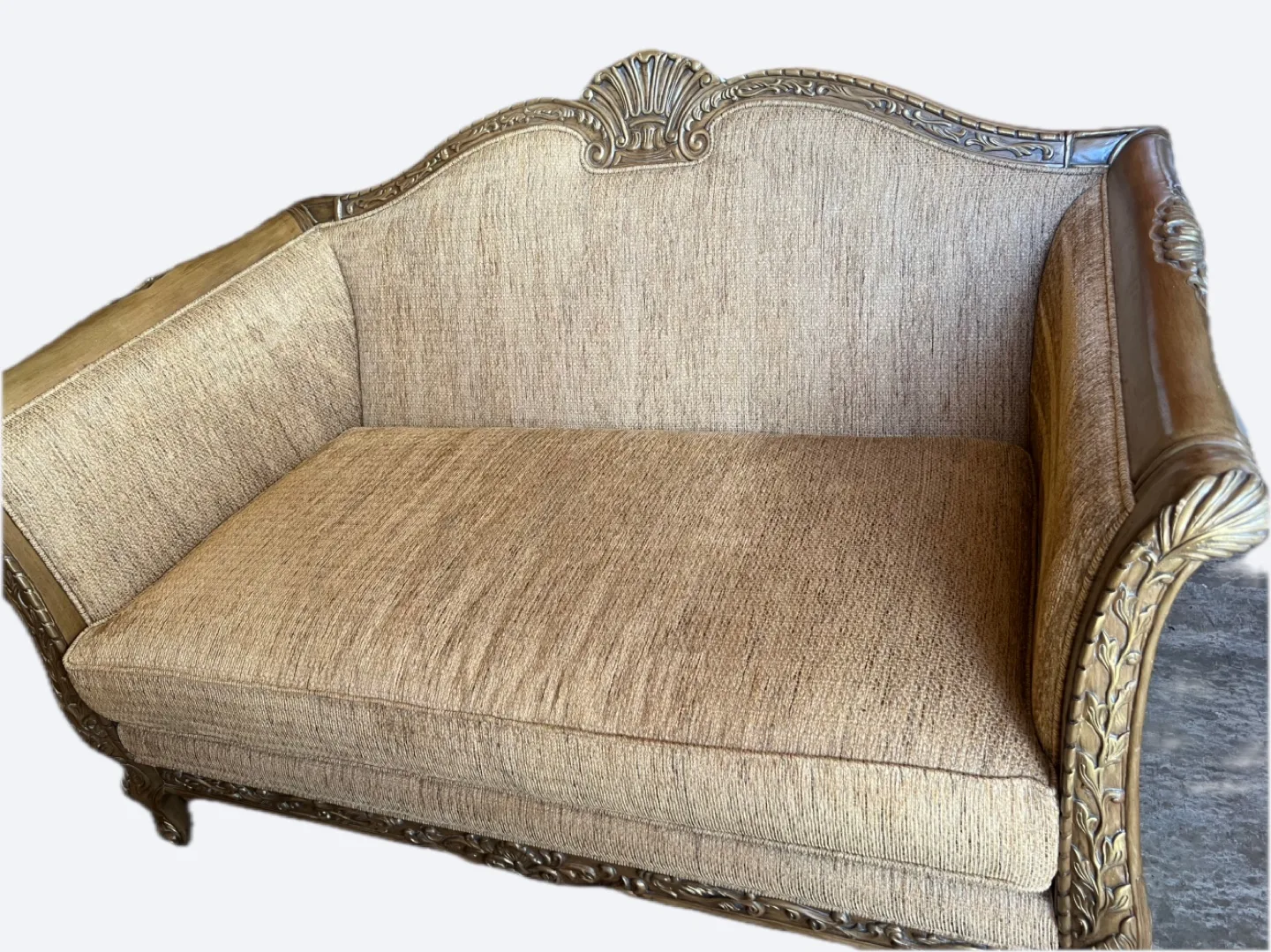 Elegant Two-Seater Sofa with Ornate Wooden Frame thumbnail