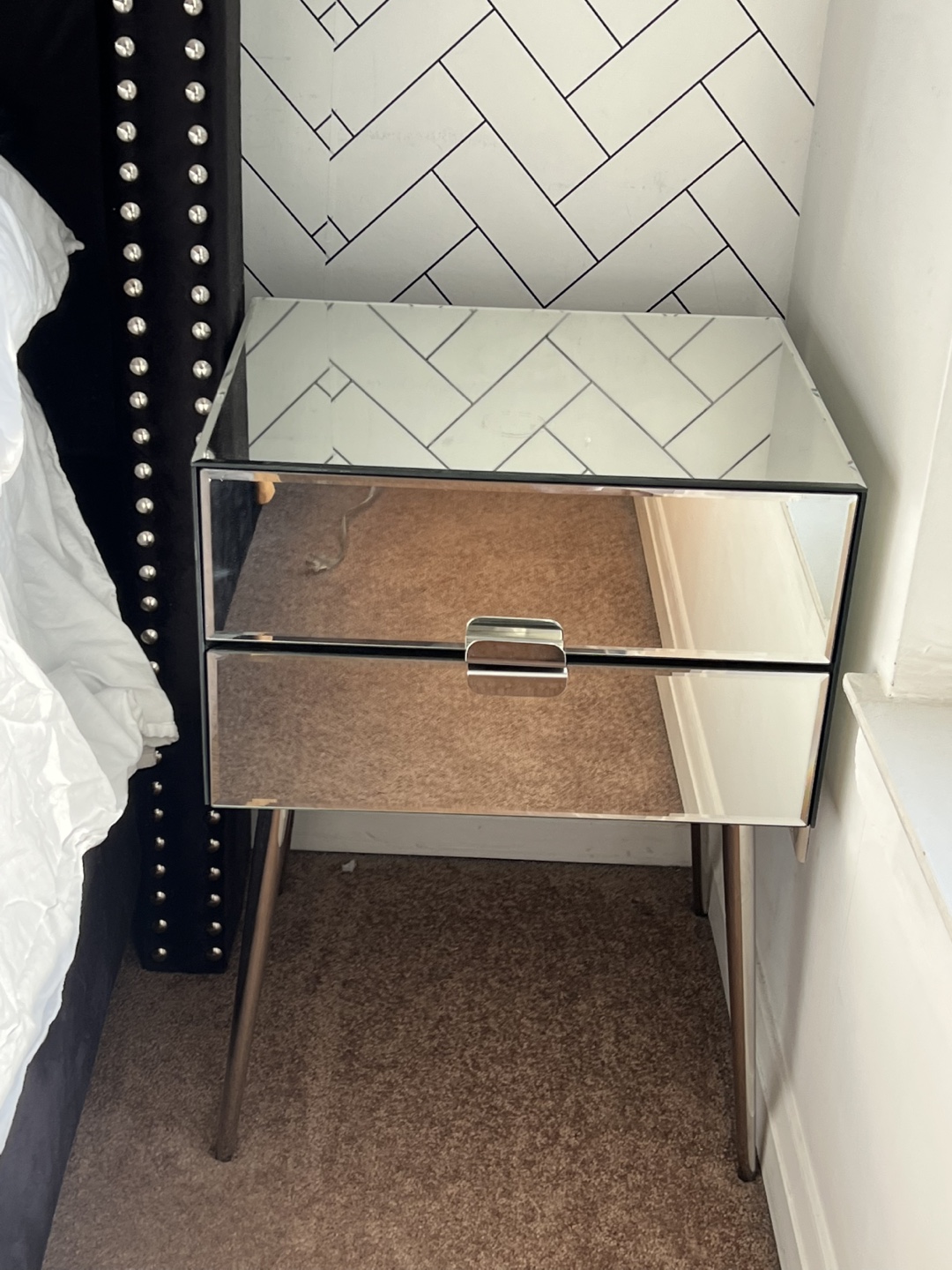 Mirrored bedside table with two drawers