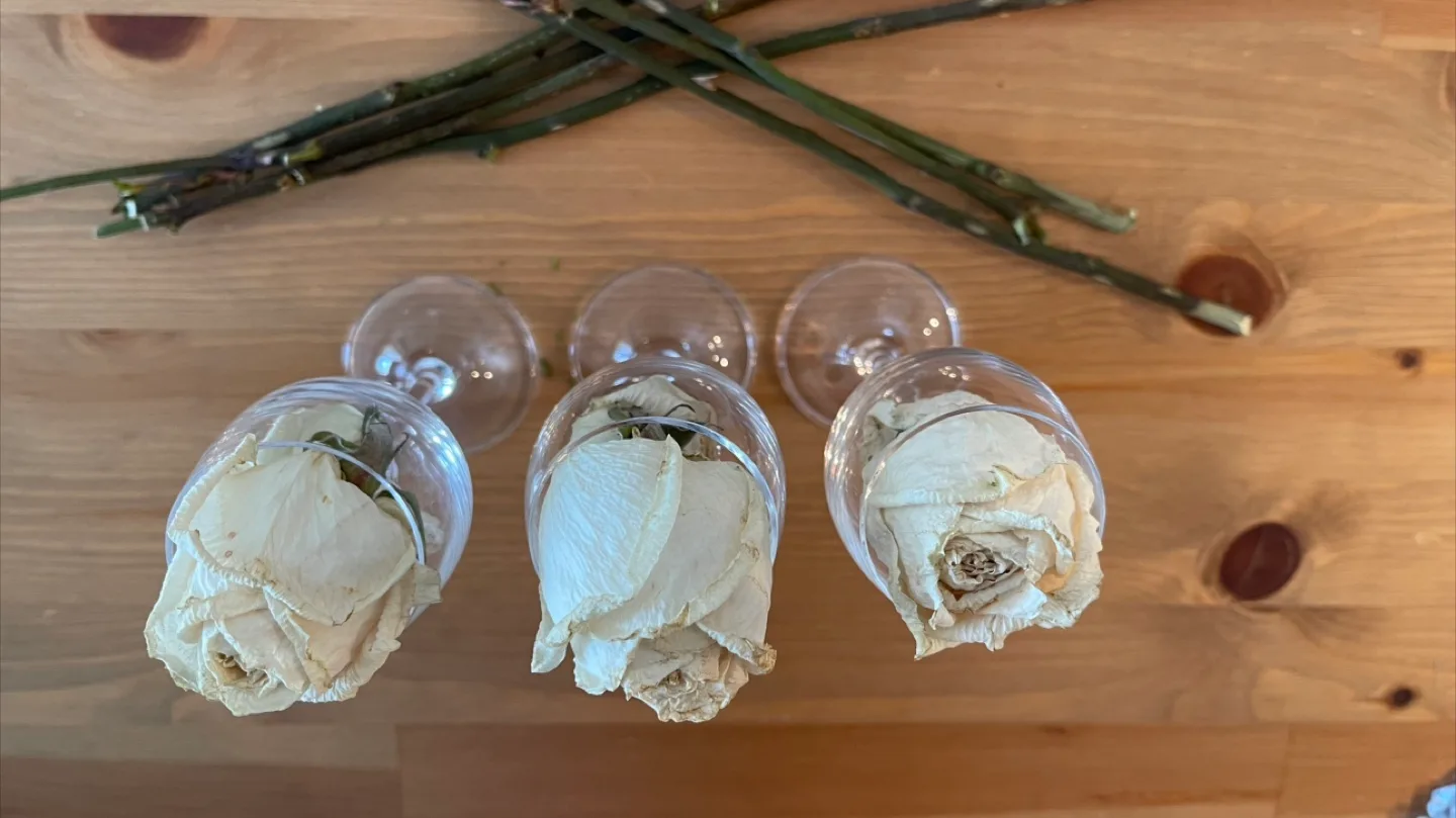 Set of 3 dried roses decor in small crystal glasses- great gift image indicator(3)