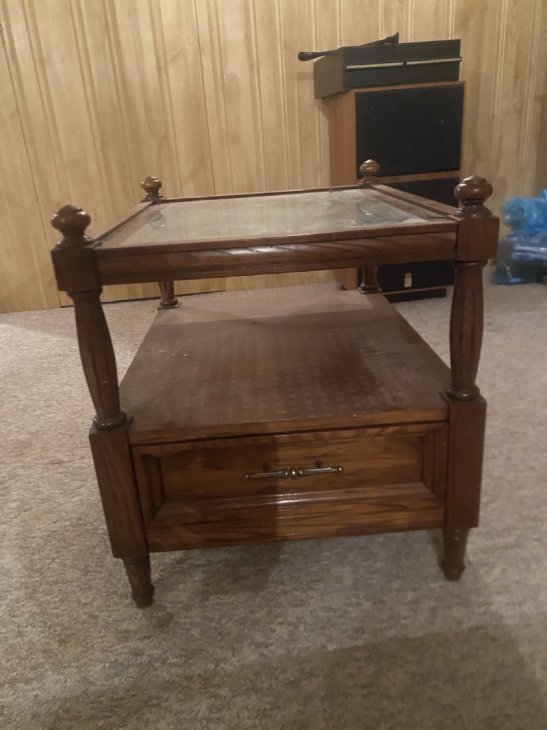Vintage Wooden Coffee Table with Glass Top and Drawer