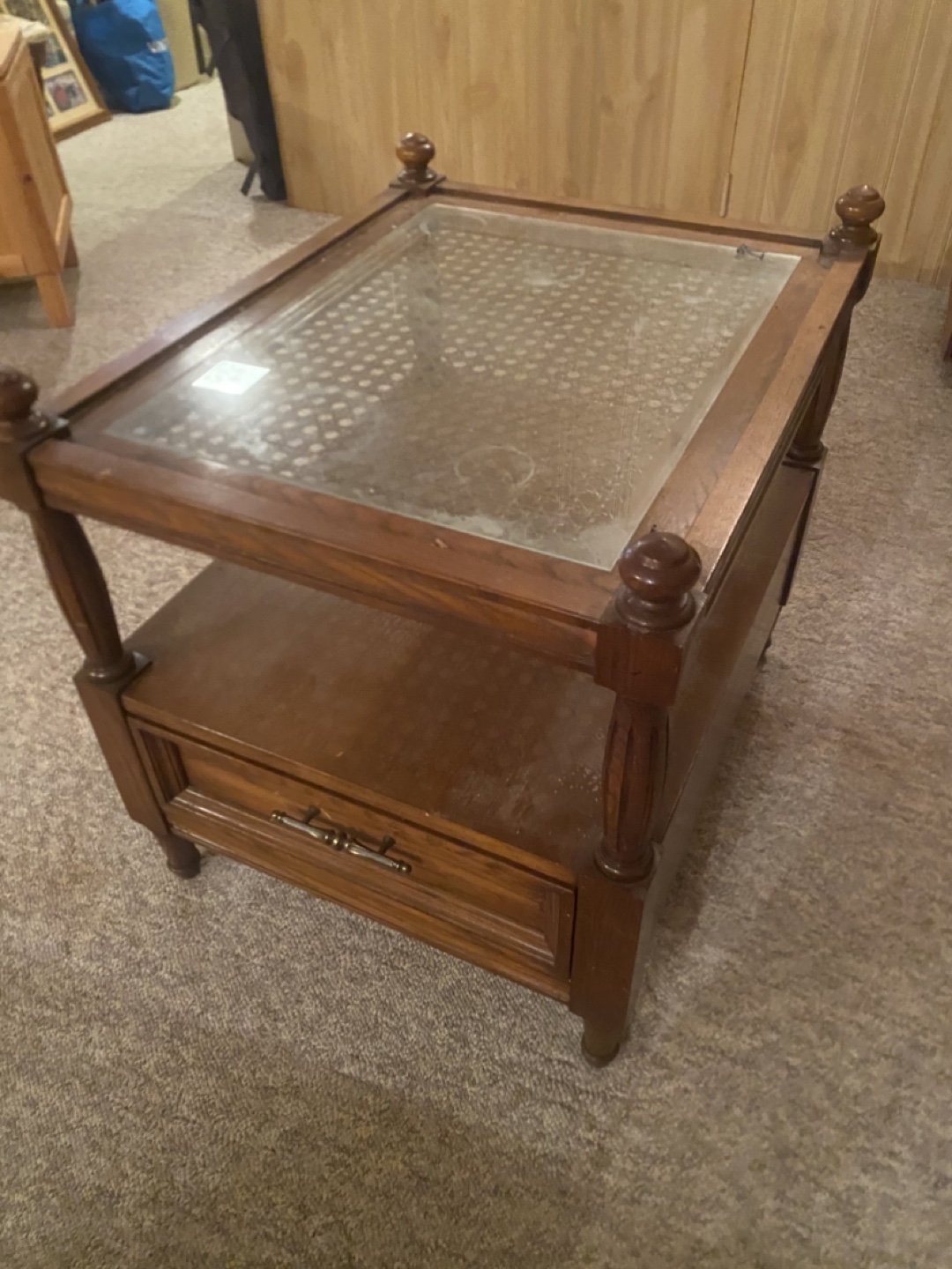 Vintage Wooden Coffee Table with Glass Top and Drawer - photo 2