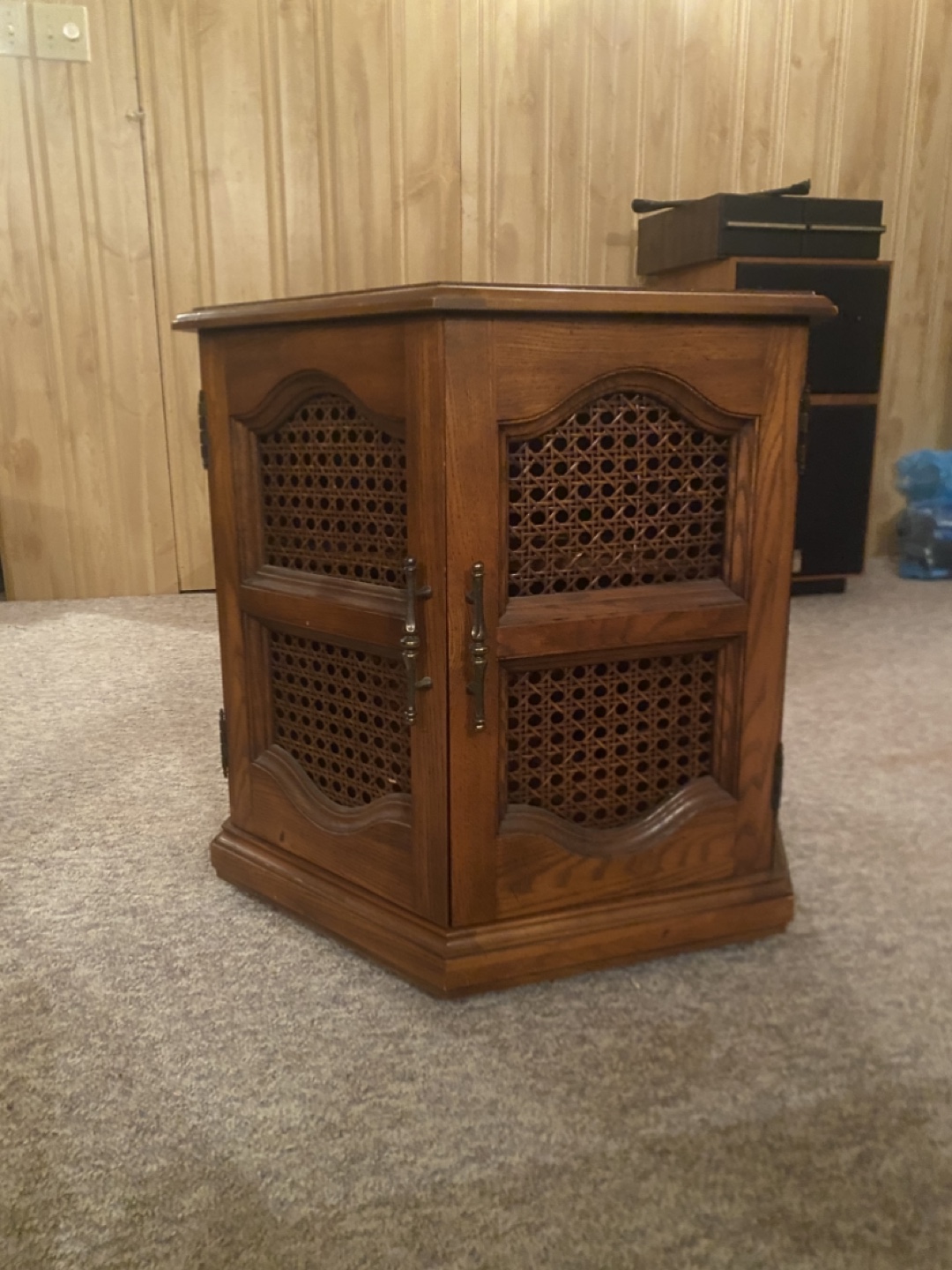 Vintage Corner Cabinet with Rattan Doors